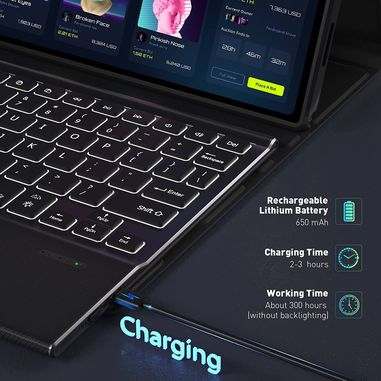 John Stevens, Current Owner, 7,363 USD, Broken Face, Current Bid, Auction, Ferdinand Joe, Face, Ends in, Stove, 8,324 USD, Frank Jerry, Pinkish Nose, Current Bid, 28h, 46m, 32m, Full View, Place A Bid, 1,983 USD, 2.01 ETH, 1,50 USD, 6240 USD, 32m, Rechargeable Lithium Battery, 650 mAh, Charging Time, 2-3 hours, Working Time, About 300 hours (without backlighting), Charging