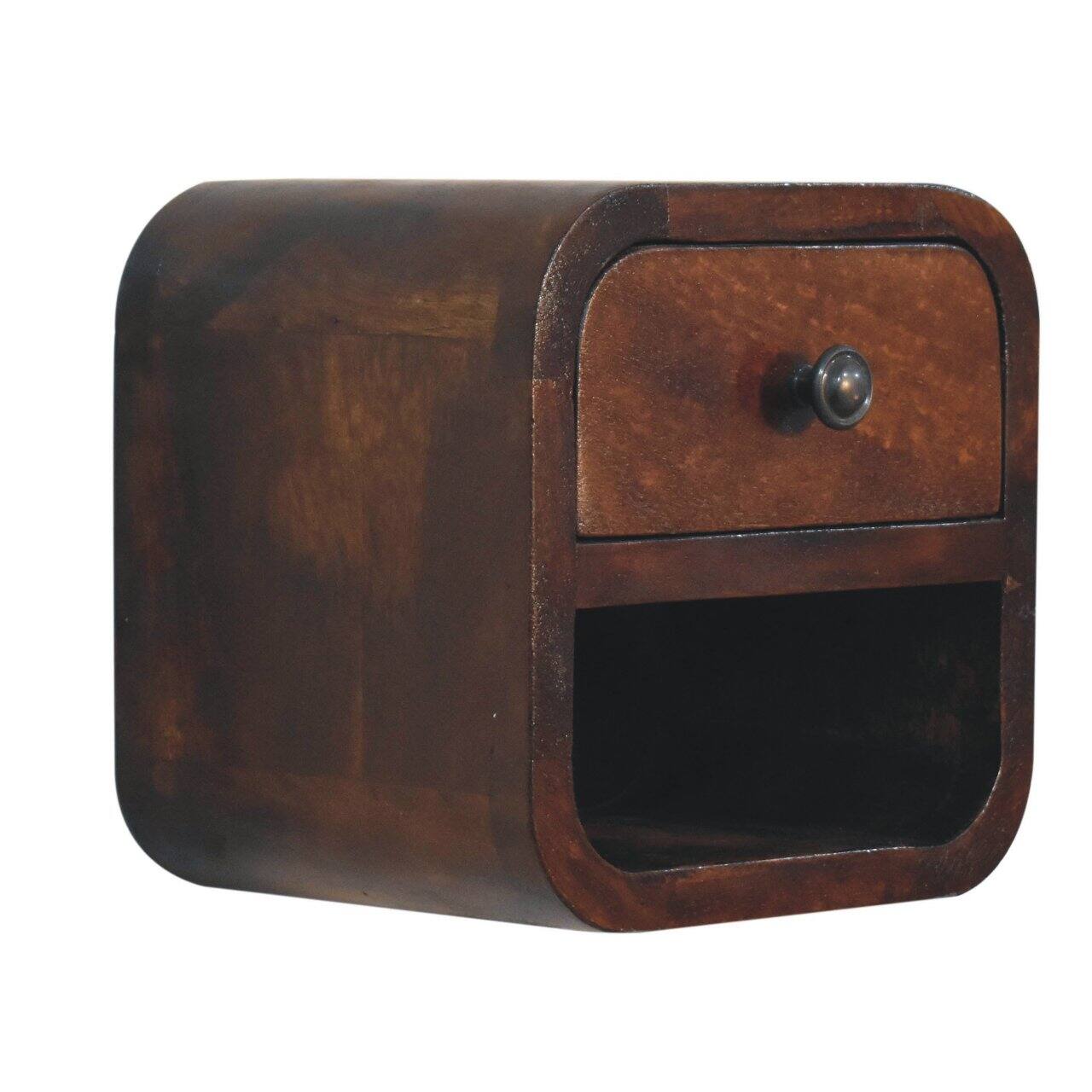 Left. Artisan Furniture - Artisan Furniture Solid Wood Extra Mini Curved Chestnut Bedside with Open Slot, 1 Drawer, Dark Brown - Dark Brown.