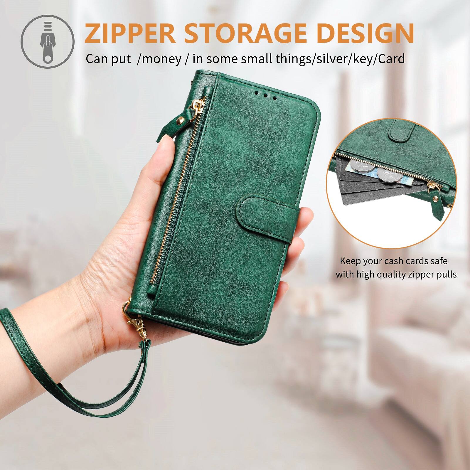 ZIPPER STORAGE DESIGN  
Can put /money / in some small things/silver/key/Card  
Keep your cash cards safe with high quality zipper pulls