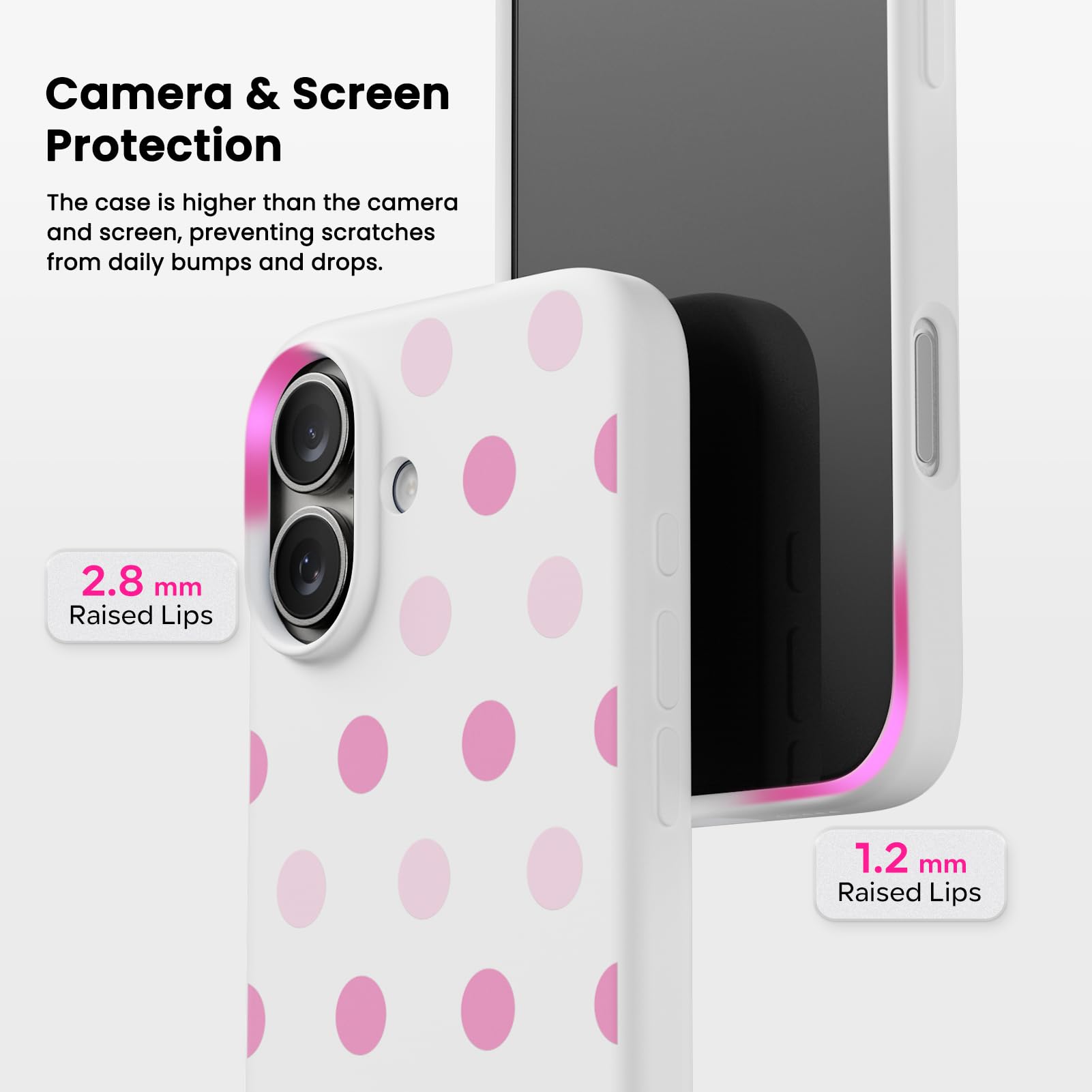 Camera & Screen Protection

The case is higher than the camera and screen, preventing scratches from daily bumps and drops.

2.8 mm Raised Lips

1.2 mm Raised Lips