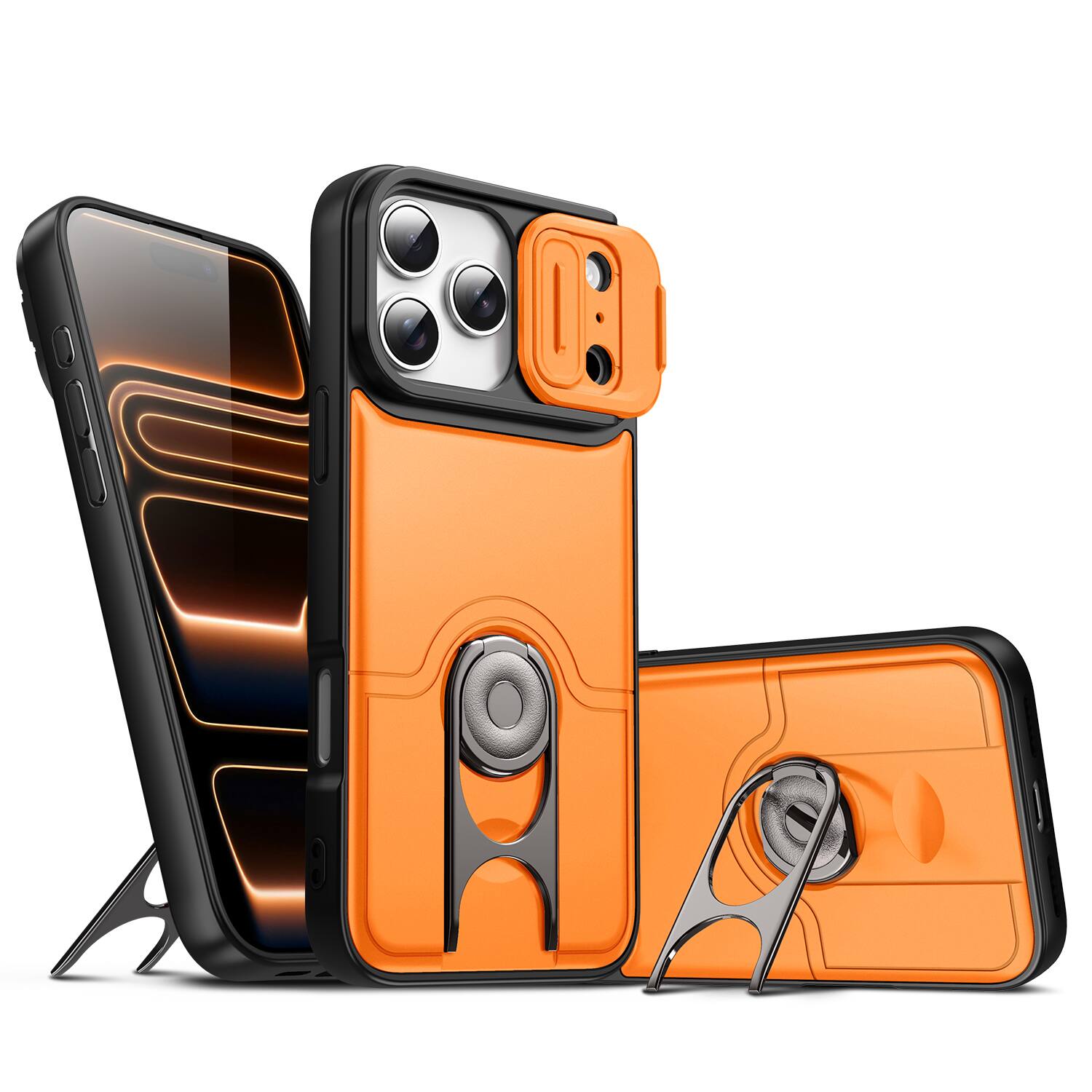 Front. Dteck - Rugged Case for Apple iPhone 17 Pro with Slide Camera Cover & Adjustable Kickstand,Soft TPU+Hard PC Dual-Layer Cover - Orange.