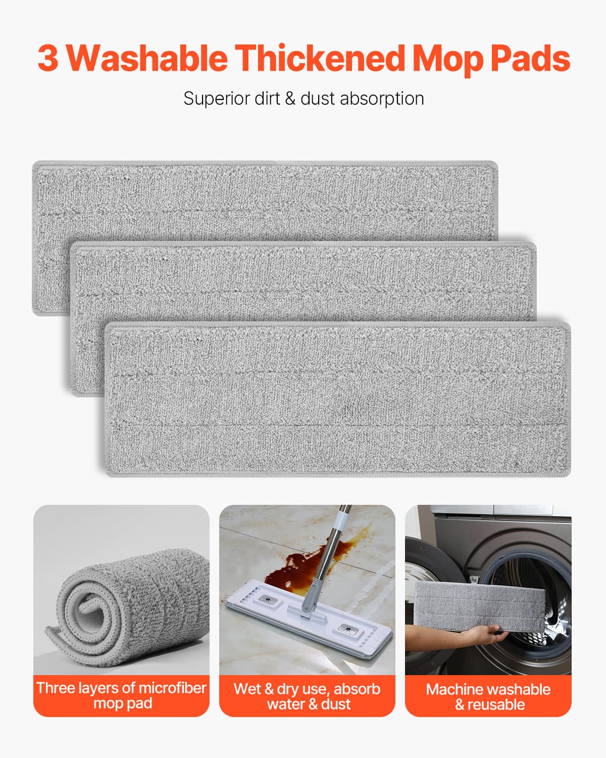 3 Washable Thickened Mop Pads
Superior dirt & dust absorption
Three layers of microfiber mop pad
Wet & dry use, absorb water & dust
Machine washable & reusable