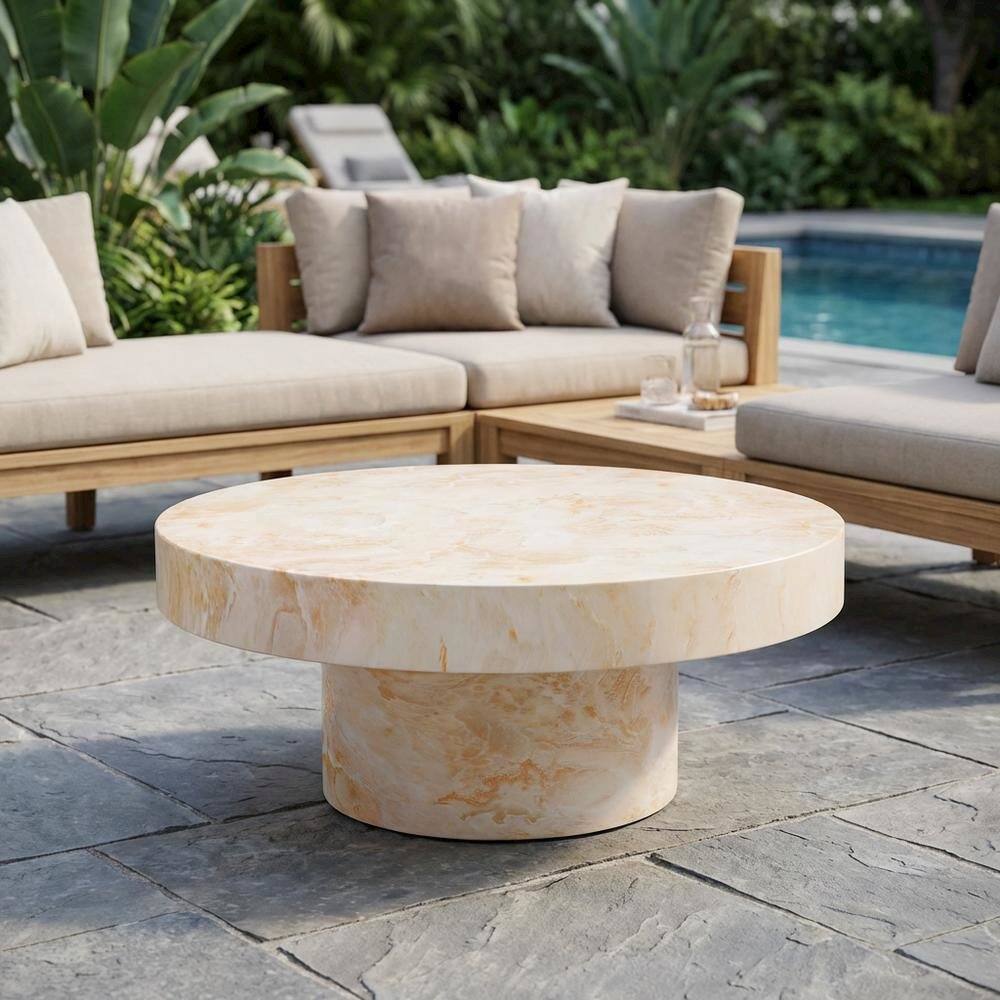 Left. Outdoor Escape - Round Concrete Outdoor Coffee Table With Weather-Resistant Design - Yellow.