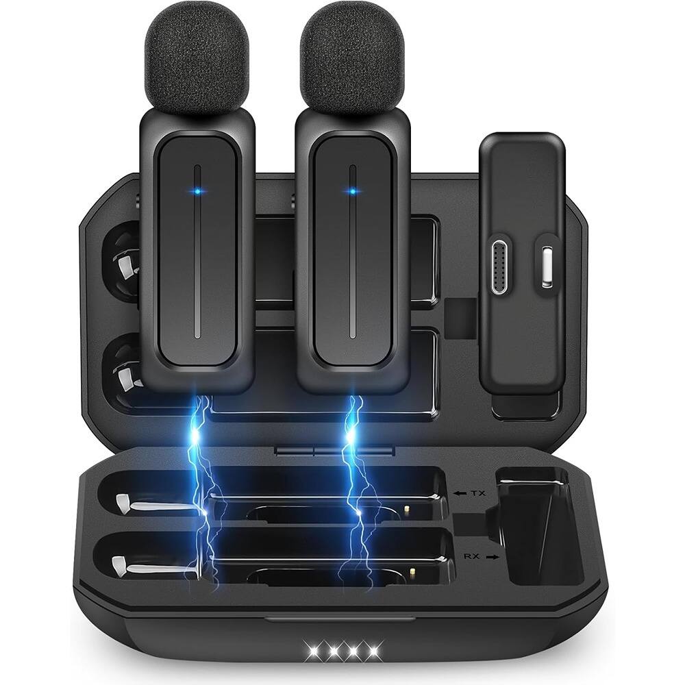 Left. MOSZAR LLC - Wireless Clip-On Microphone – Lapel Mic with 3-Mode Noise Reduction & Charging Case.