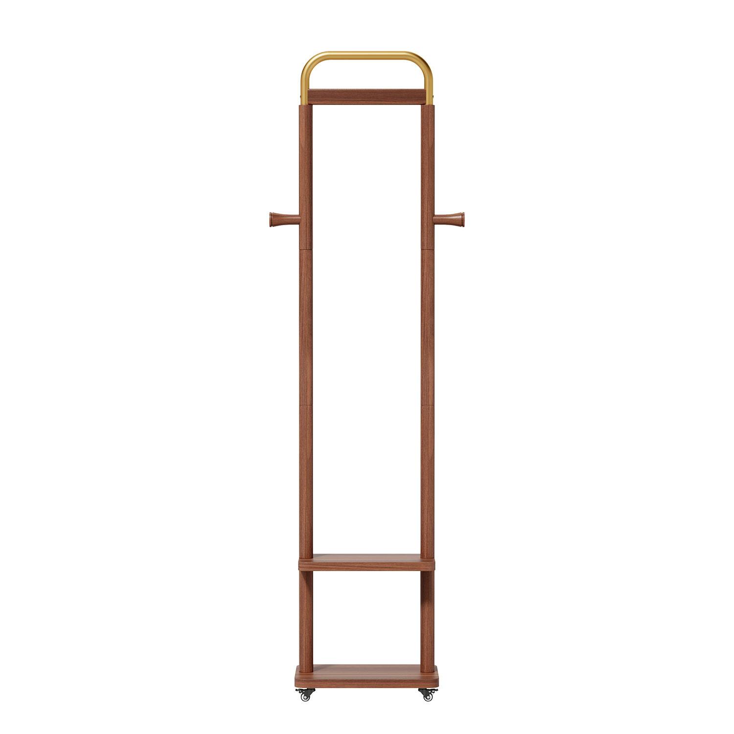Alt View 4. MERAVOM - Solid Wood Coat Rack Freestanding, Rolling Clothes Rack with 2 Hooks & Shelves, Clothing Rack with Wheels for Bedroom - Walnut.