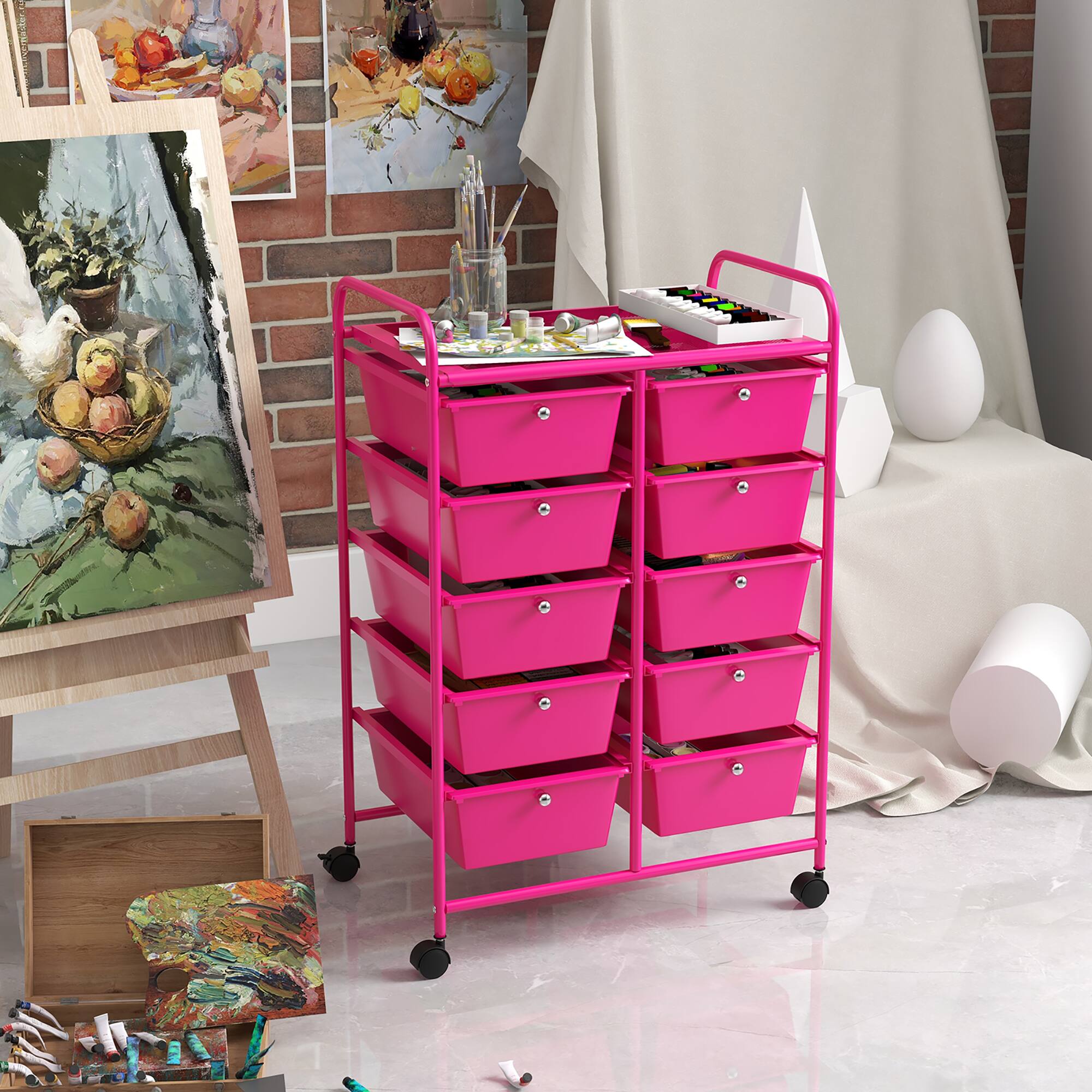 Alt View 3. Gymax - Gymax 10-Drawer Storage Cart Utility Rolling Trolley Kitchen Organizer Hot Pink - Hot Pink.