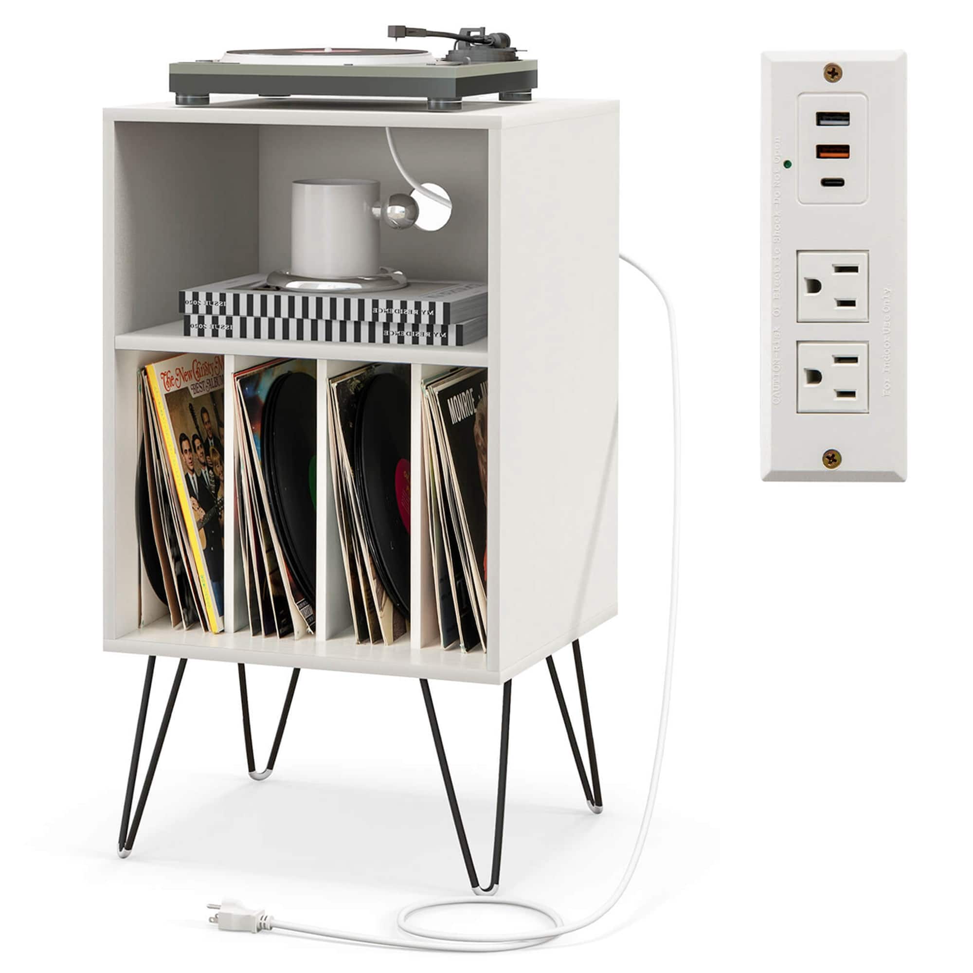 Costway - 3-Tier Record Player Stand with Charging Station Shelf & 4 Dividers for Bedroom - White