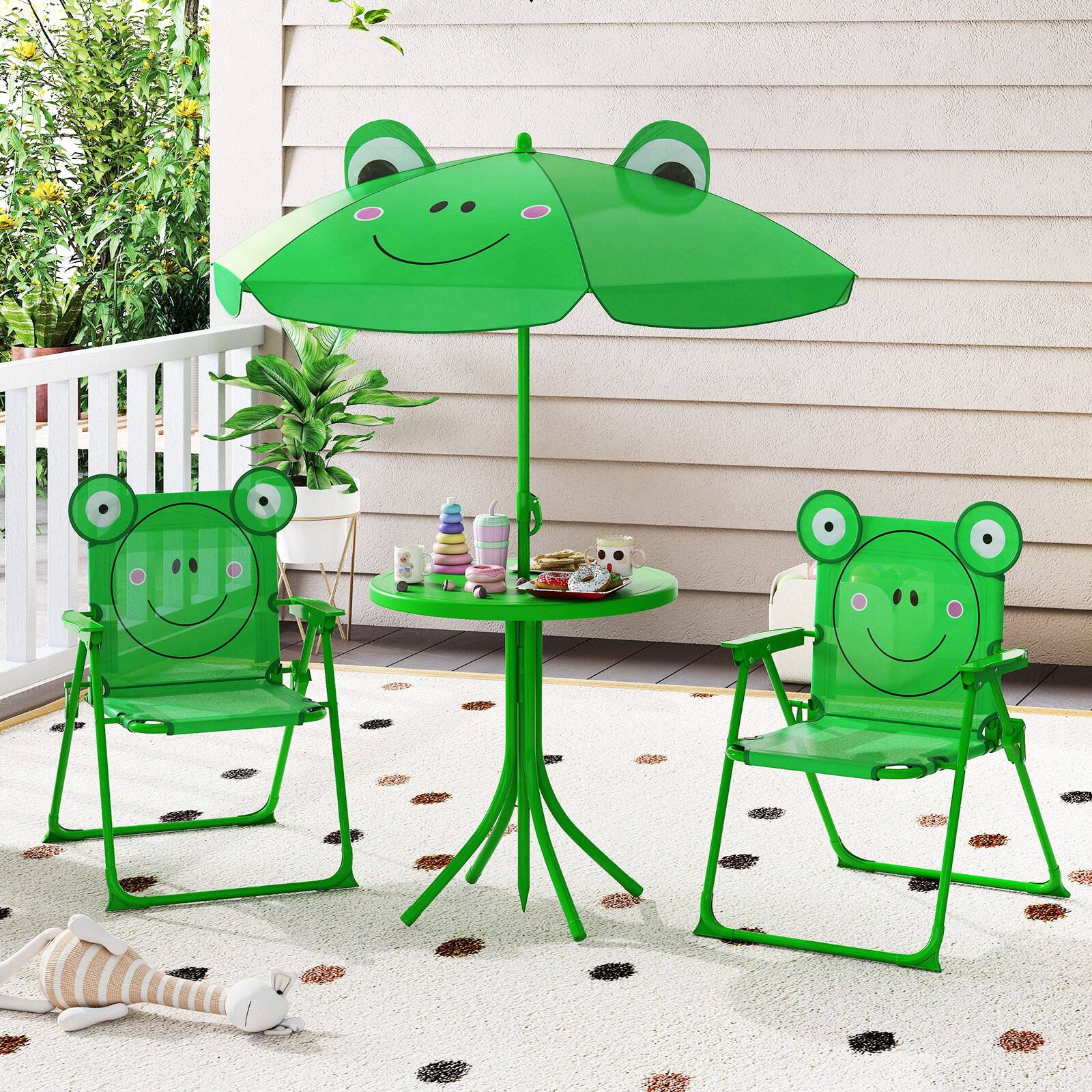 Alt View 1. Costway - Costway Kids Picnic Table & Chair Set with 2 Folding Chairs & Height Adjustable Umbrella - Green.