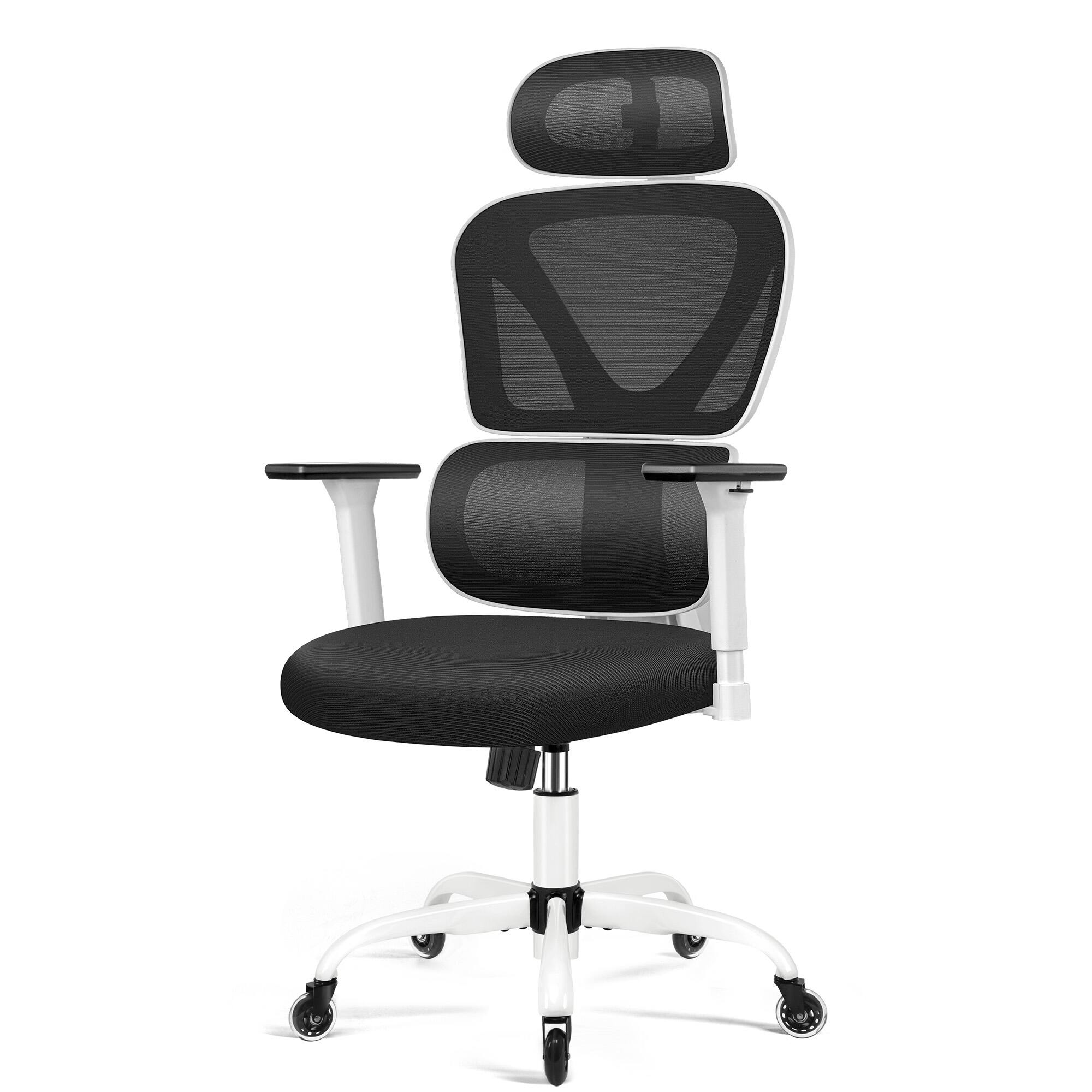 Angle. Brick Attic - Ergonomic Office Chair, High Back Mesh Gaming Chair with Adjustable Headrest 3D Armrests Silent Wheels Lumbar Support - White.