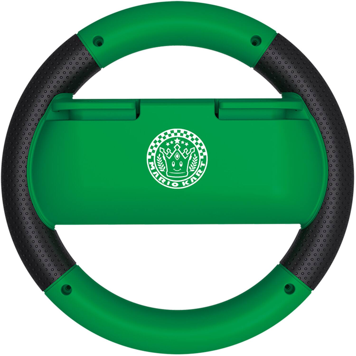 The image shows a green steering wheel with a black grip. The steering wheel has a logo in the center.