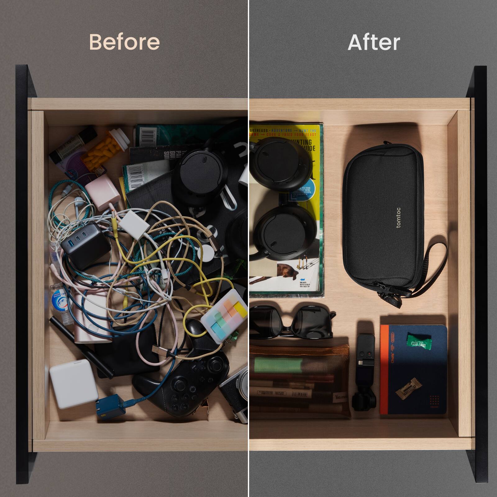 Before: A messy drawer with various items such as a book, a camera, a cell phone, and a laptop.

After: An organized drawer with items neatly arranged, including a book, a camera, a cell phone, and a laptop.