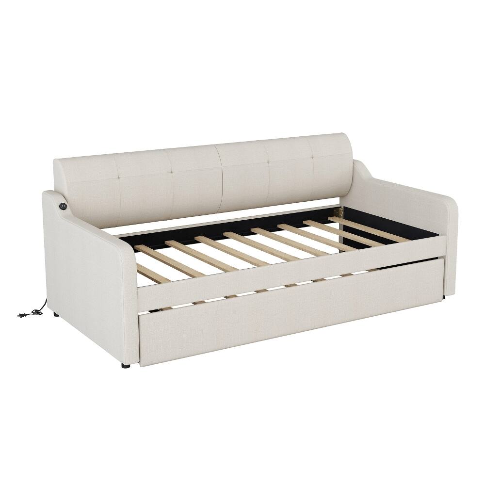 Alt View 6. Loheer - Loheer Twin Daybed with Trundle Upholstered Beige Sofa Bed USB - Beige.