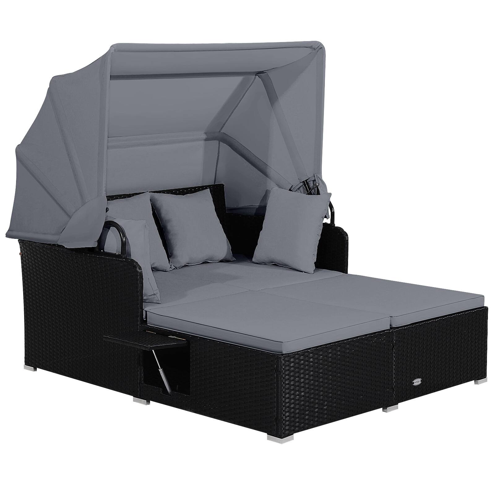 Alt View 3. Gymax - Gymax Rattan Daybed Lounge w/ Retractable Top Canopy Side Tables Cushions Gray - Black.