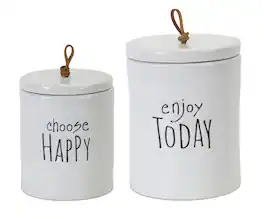 BreeBe - Stoneware Happy Sentiment Canister (Set of 2) - Beige, White