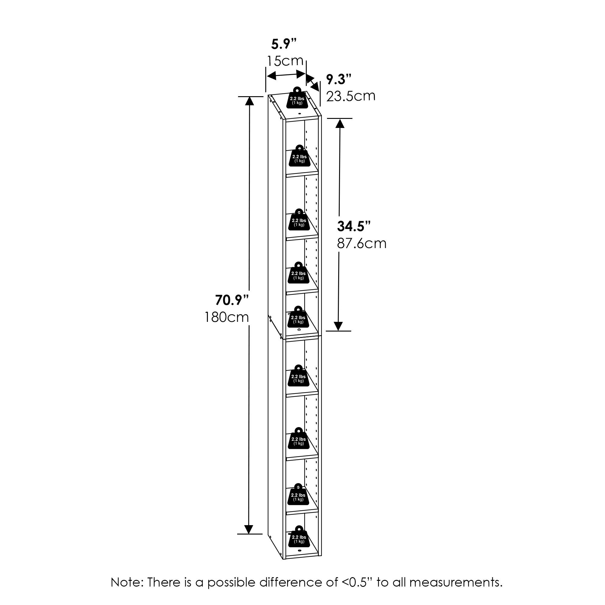 5.9" 15cm  
9.3" 23.5cm  
34.5" 87.6cm  
70.9" 180cm  

Note: There is a possible difference of <0.5" to all measurements.