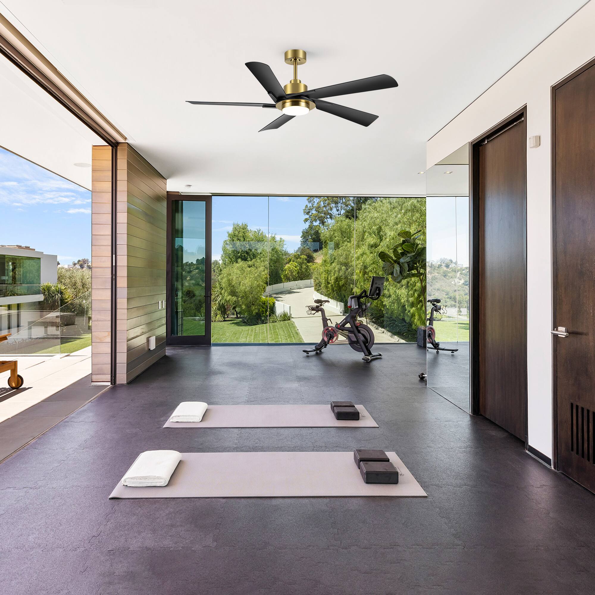 Alt View 1. Breezary - 60-Inch Indoor Ceiling Fan with 5 ABS Blades, 3-Color Light, 6-Speed DC Motor, Remote, Timer & Memory, 6"/12" Downrods - Gold and Black.