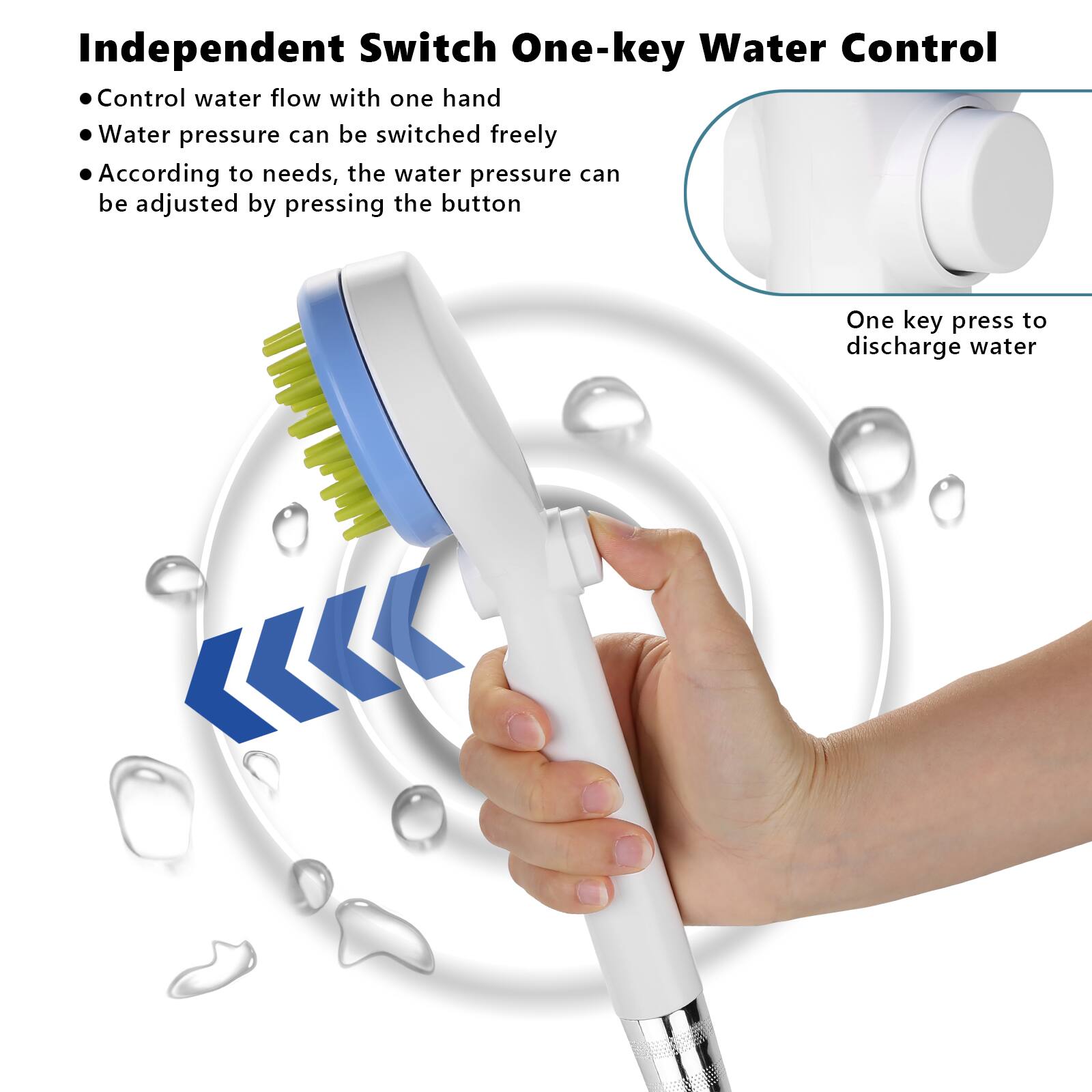 Independent Switch One-key Water Control

- Control water flow with one hand
- Water pressure can be switched freely
- According to needs, the water pressure can be adjusted by pressing the button

One key press to discharge water