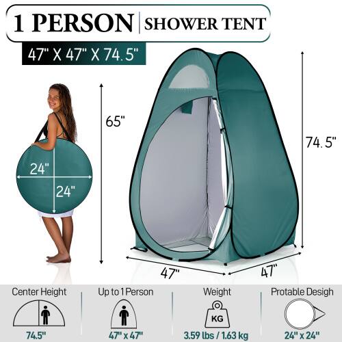 1 PERSON SHOWER TENT  
47" X 47" X 74.5"  
65"  
74.5"  
24" X 24"  

Center Height: 74.5"  
Up to 1 Person  
Weight: 3.59 lbs / 1.63 kg  
Portable Design  

47" X 47"