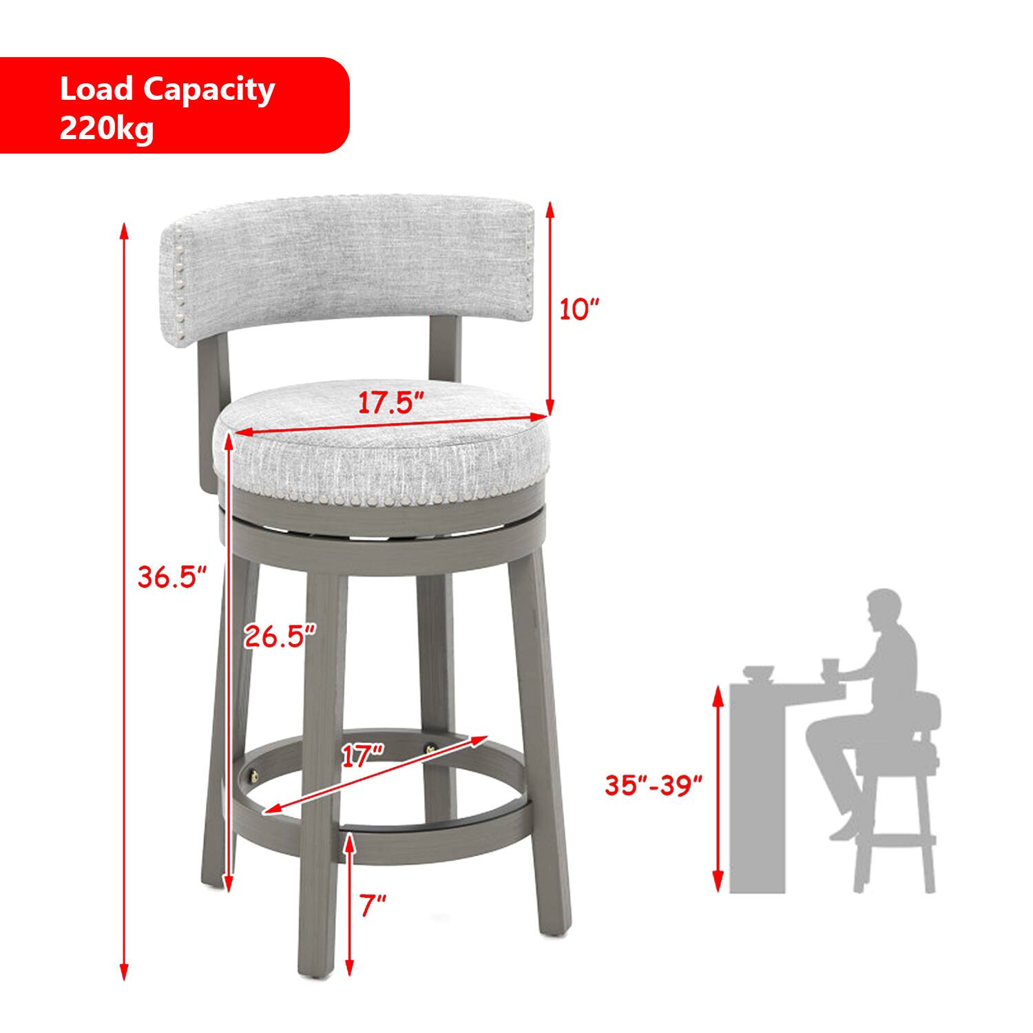 Load Capacity  
220kg  

10"  
17.5"  
36.5"  
26.5"  
17"  
35"-39"  
7"