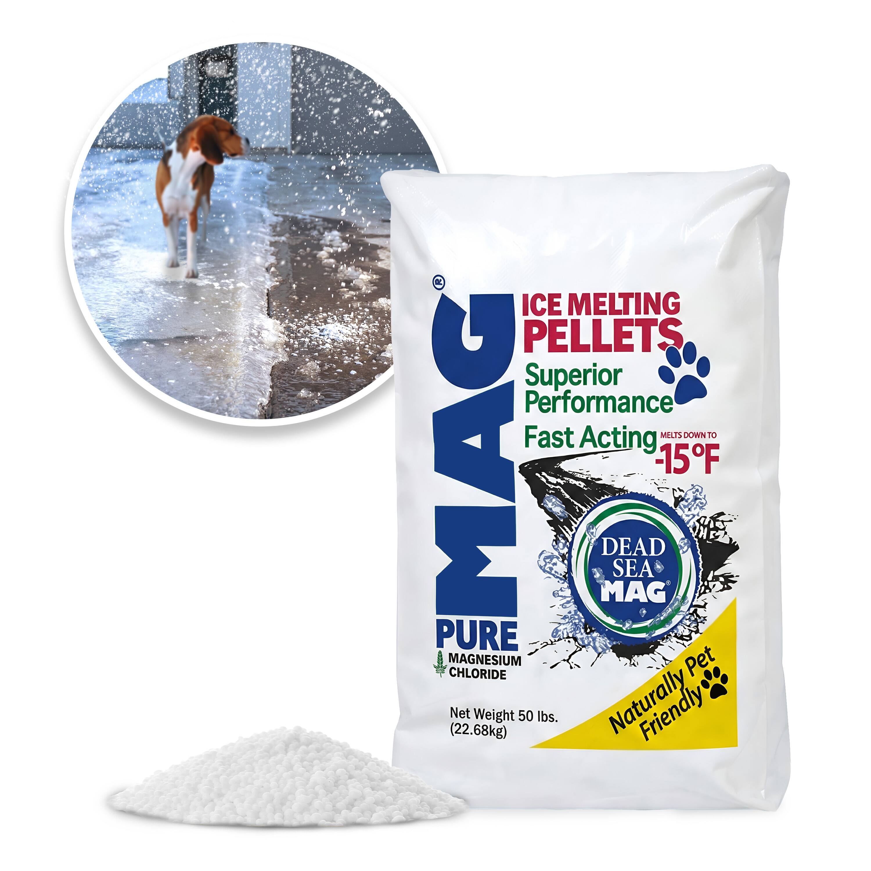 ICE MELTING PELLETS  
Superior Performance  
Fast Acting  
Melts Down to -15°F  

DEAD SEA MAG  
PURE MAGNESIUM CHLORIDE  

Net Weight 50 lbs. (22.68kg)  
Naturally Pet Friendly