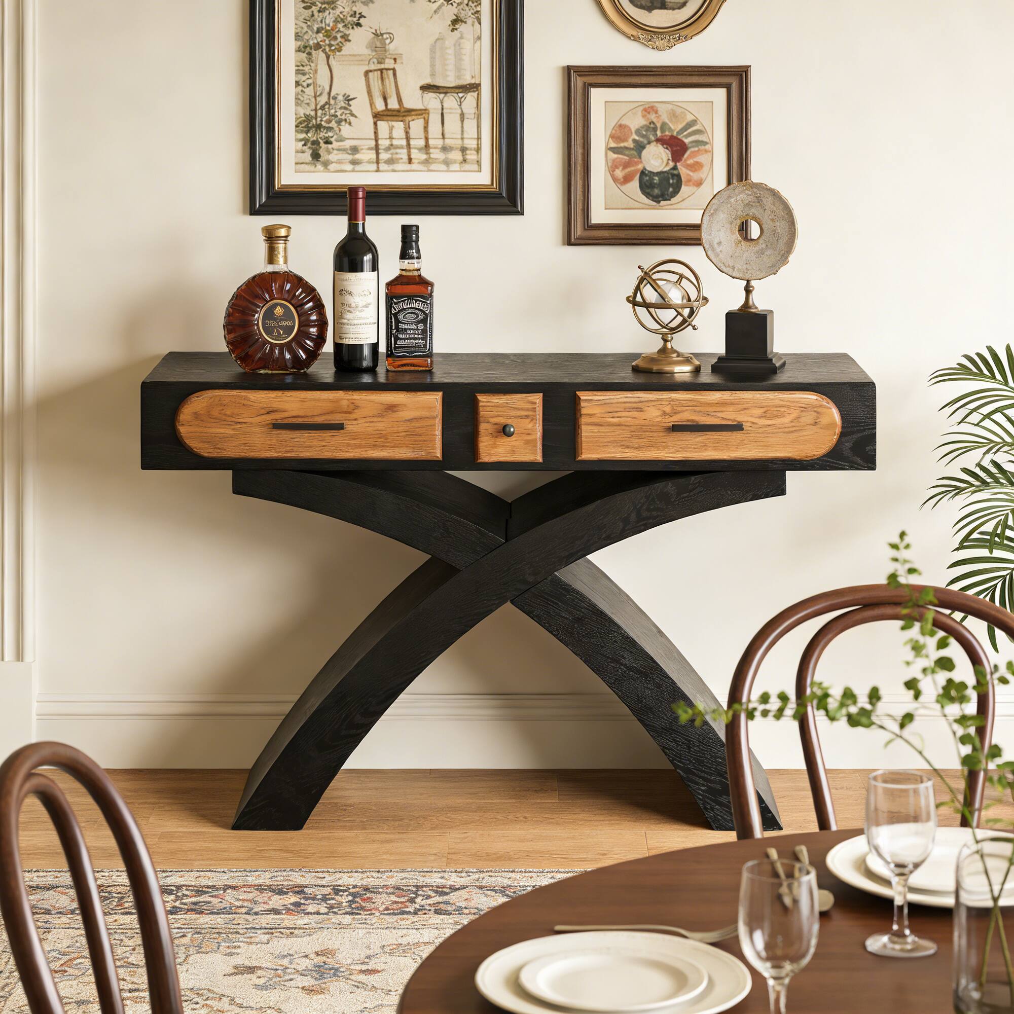 Angle. Whisen - Ashwood Veneered Console Table with 2 Drawers, Cross-Leg Entryway Table for Hallway & Dining Room - Black.