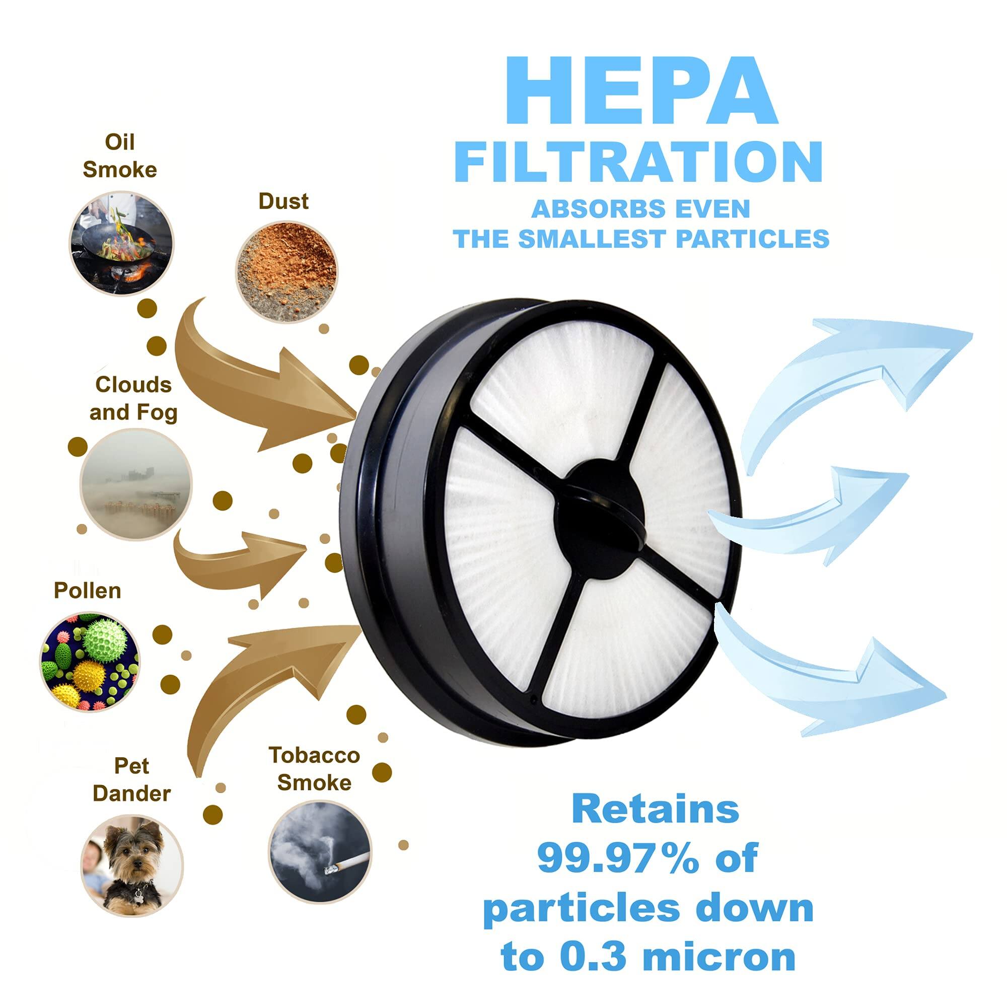 HEPA FILTRATION  
ABSORBS EVEN THE SMALLEST PARTICLES  

Oil Smoke  
Dust  
Clouds and Fog  
Pollen  
Pet Dander  
Tobacco Smoke  

Retains 99.97% of particles down to 0.3 micron