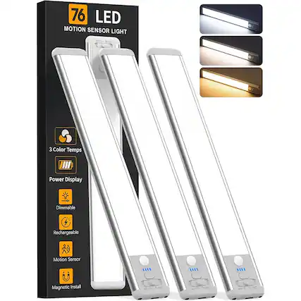 76 LED Motion Sensor Light
- 3 Color Temps
- Power Display
- Dimmable
- Rechargeable
- Motion Sensor
- Magnetic Install
ON/OFF/ON