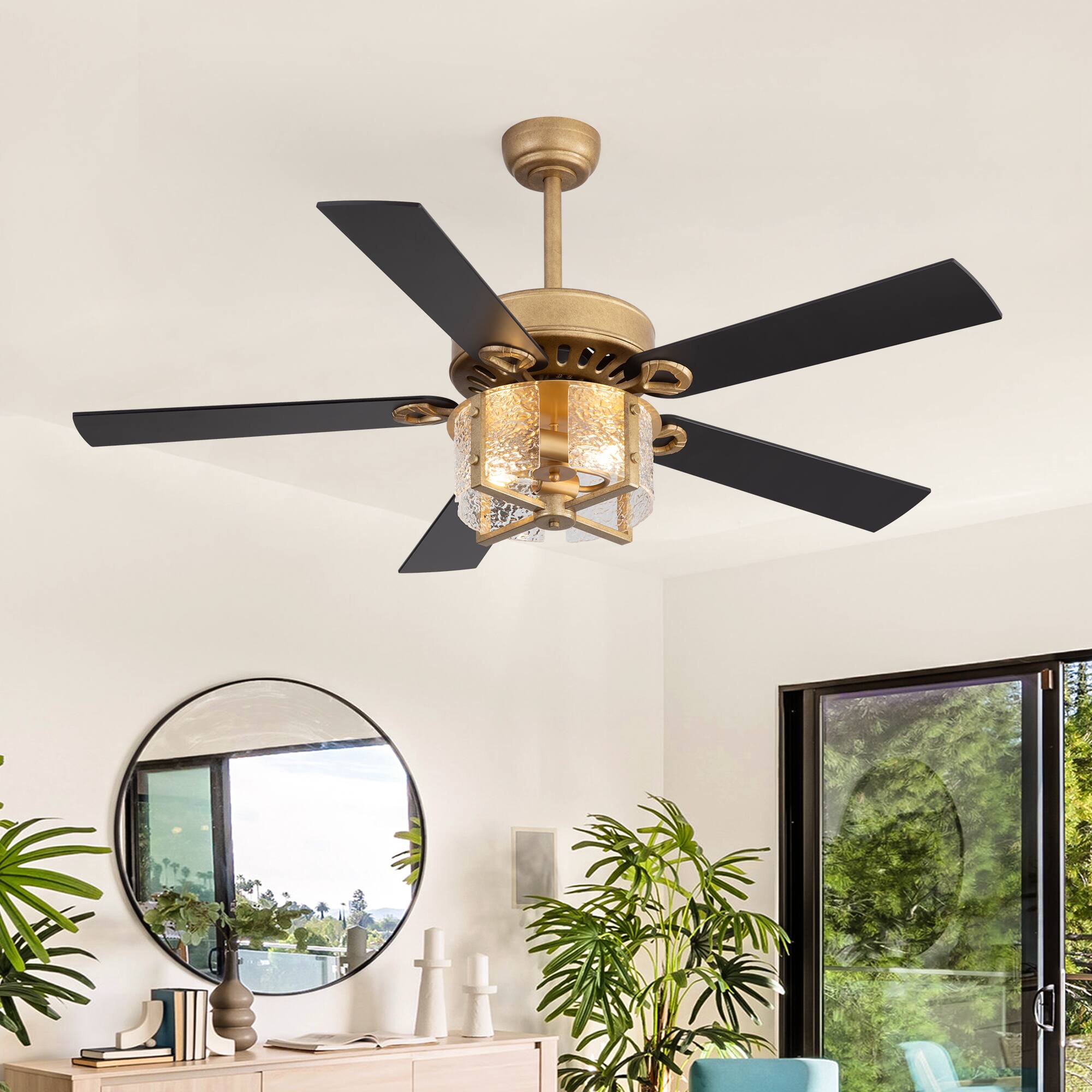 Left. Breezary - 52-Inch Large Ceiling Fan with Light Fixture, 5 Dual-Finish Plywood Blades, DC Motor, Remote Control, 5/10-Inch Downrods - Brushed Gold with Black and Rich Walnut.
