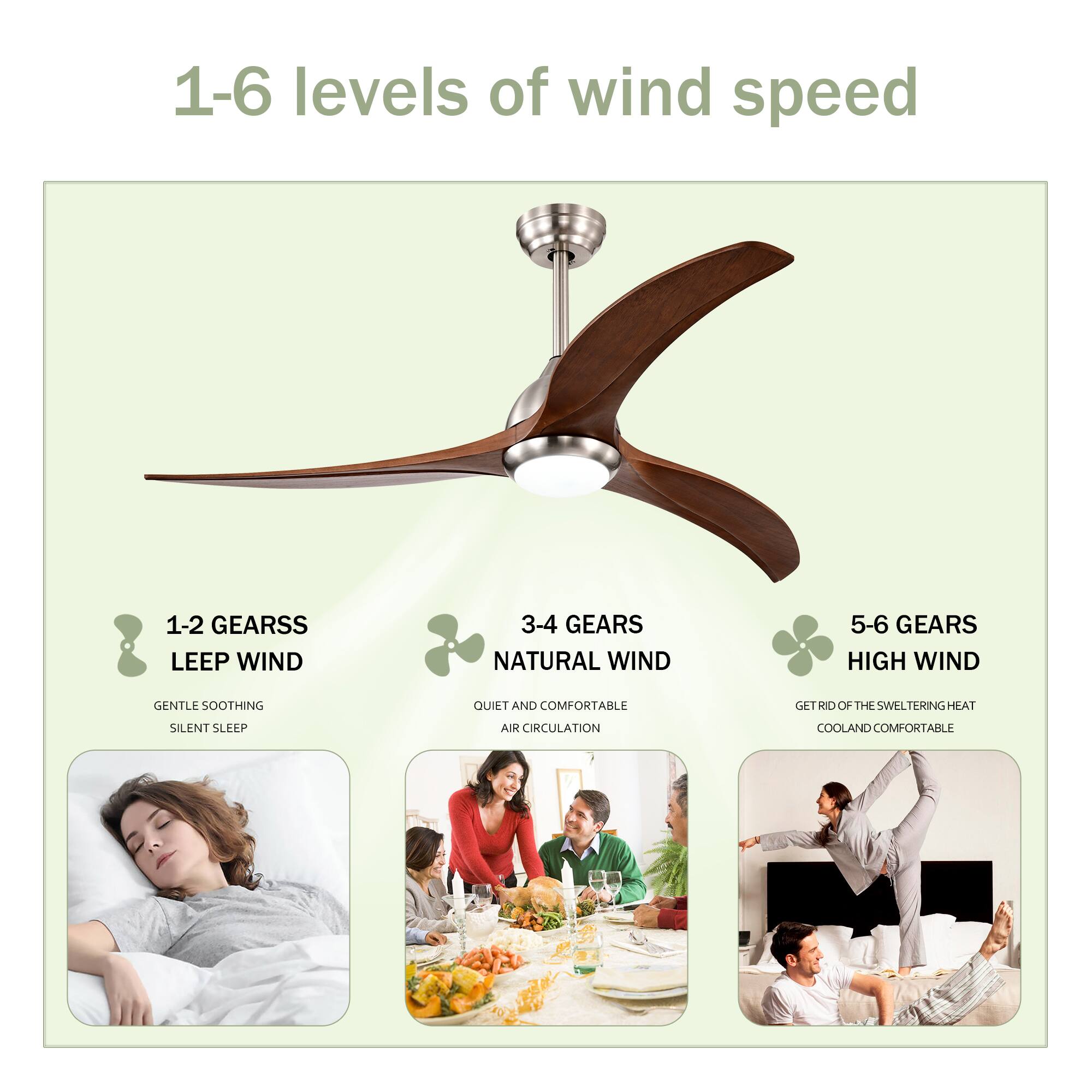 1-6 levels of wind speed

1-2 GEARS
LEEP WIND
GENTLE SOOTHING
SILENT SLEEP

3-4 GEARS
NATURAL WIND
QUIET AND COMFORTABLE
AIR CIRCULATION

5-6 GEARS
HIGH WIND
GET RID OF THE SWELTERING HEAT
COOL AND COMFORTABLE