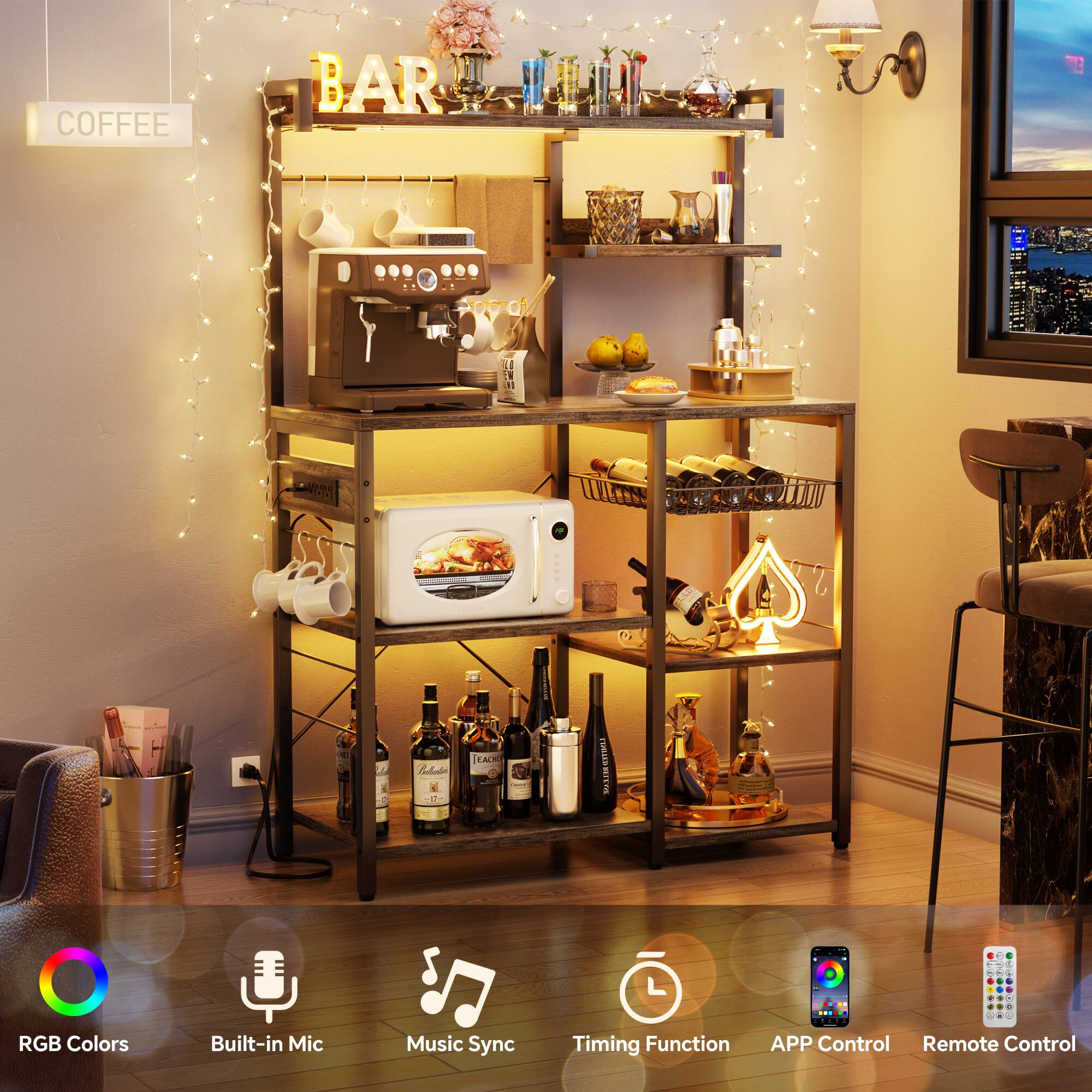 COFFEE BAR - V 4  
Aala EAC ALLEMTEOE H L  
RGB Colors  
Built-in Mic  
Music Sync  
Timing Function  
APP Control  
Remote Control