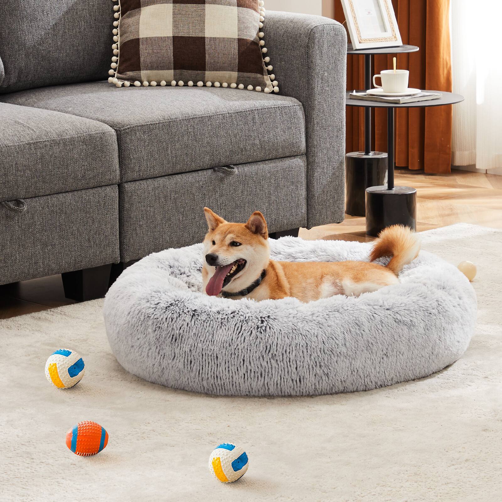 Angle. AENKYO - Dog Bed Anti-Slip Round Fluffy Plush Faux Fur Pet Bed, Fits up to 25 lbs Pets - Gray.