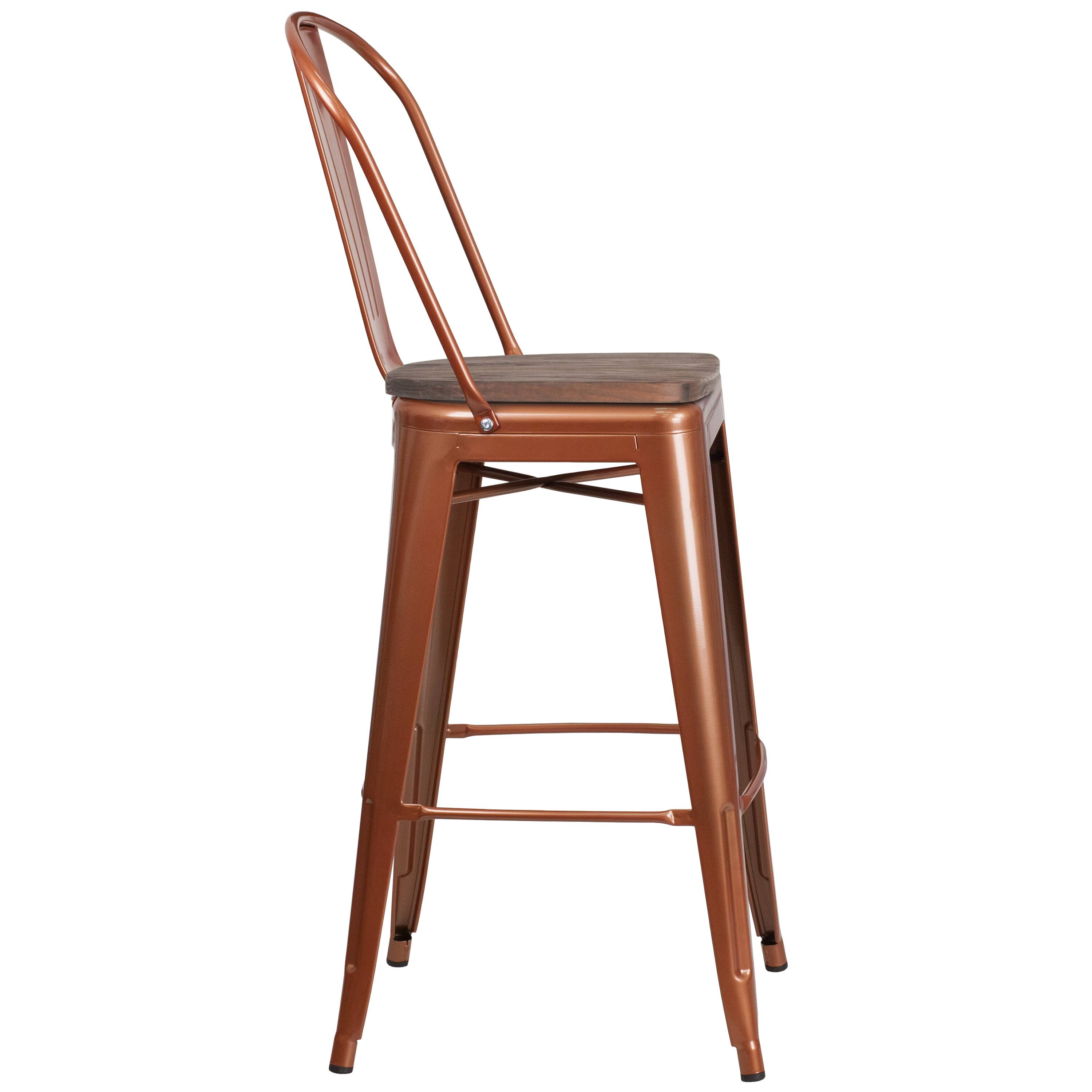 Alt View 4. Emma + Oliver - 30"H Metal Dining Barstool with Back and Wood Seat - Copper.