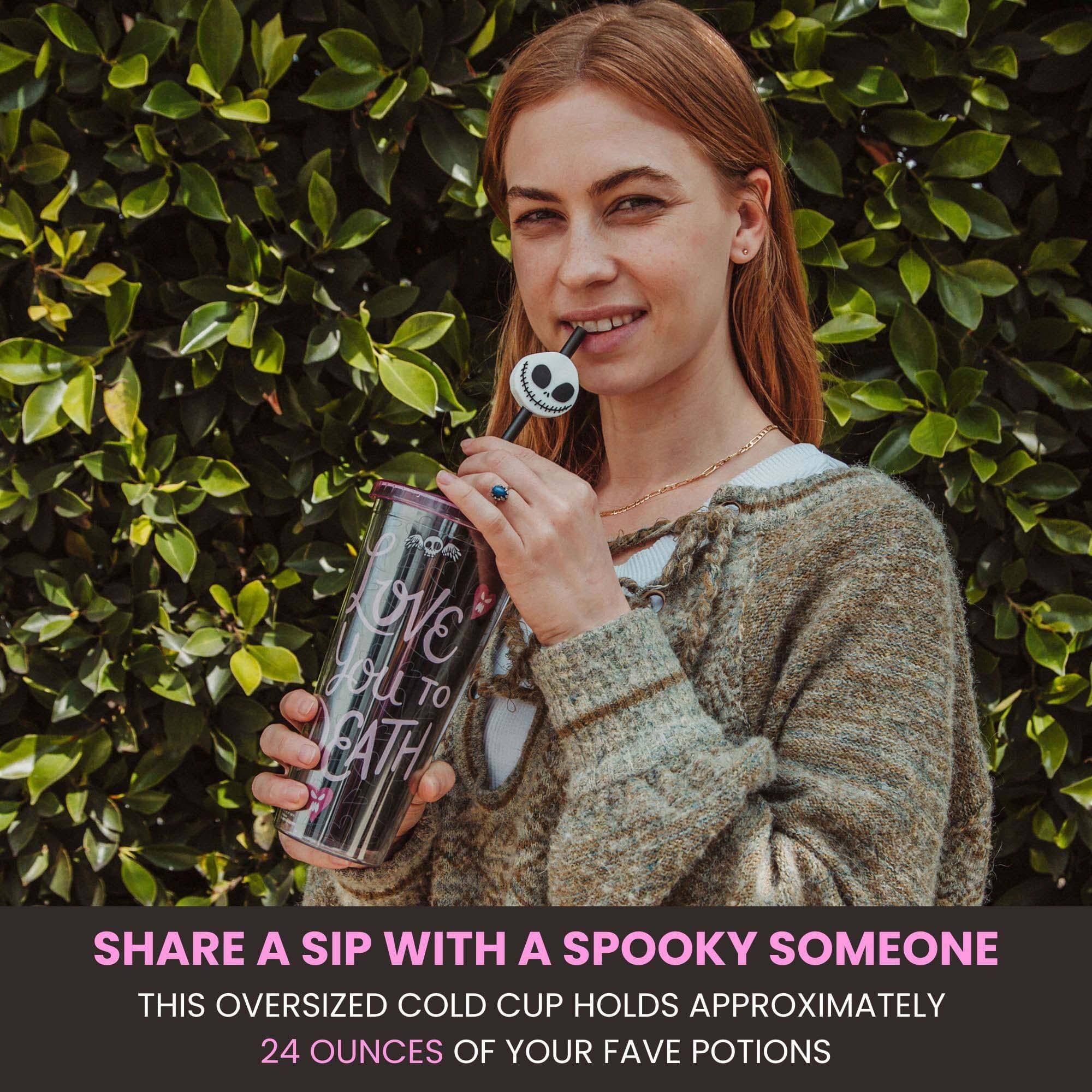 Sure, here is the corrected and grouped text:

---

**SHARE A SIP WITH A SPOOKY SOMEONE**

**THIS OVERSIZED COLD CUP HOLDS APPROXIMATELY 24 OUNCES OF YOUR FAVE POTIONS**

---

**LOVE YOU TO DEATH**