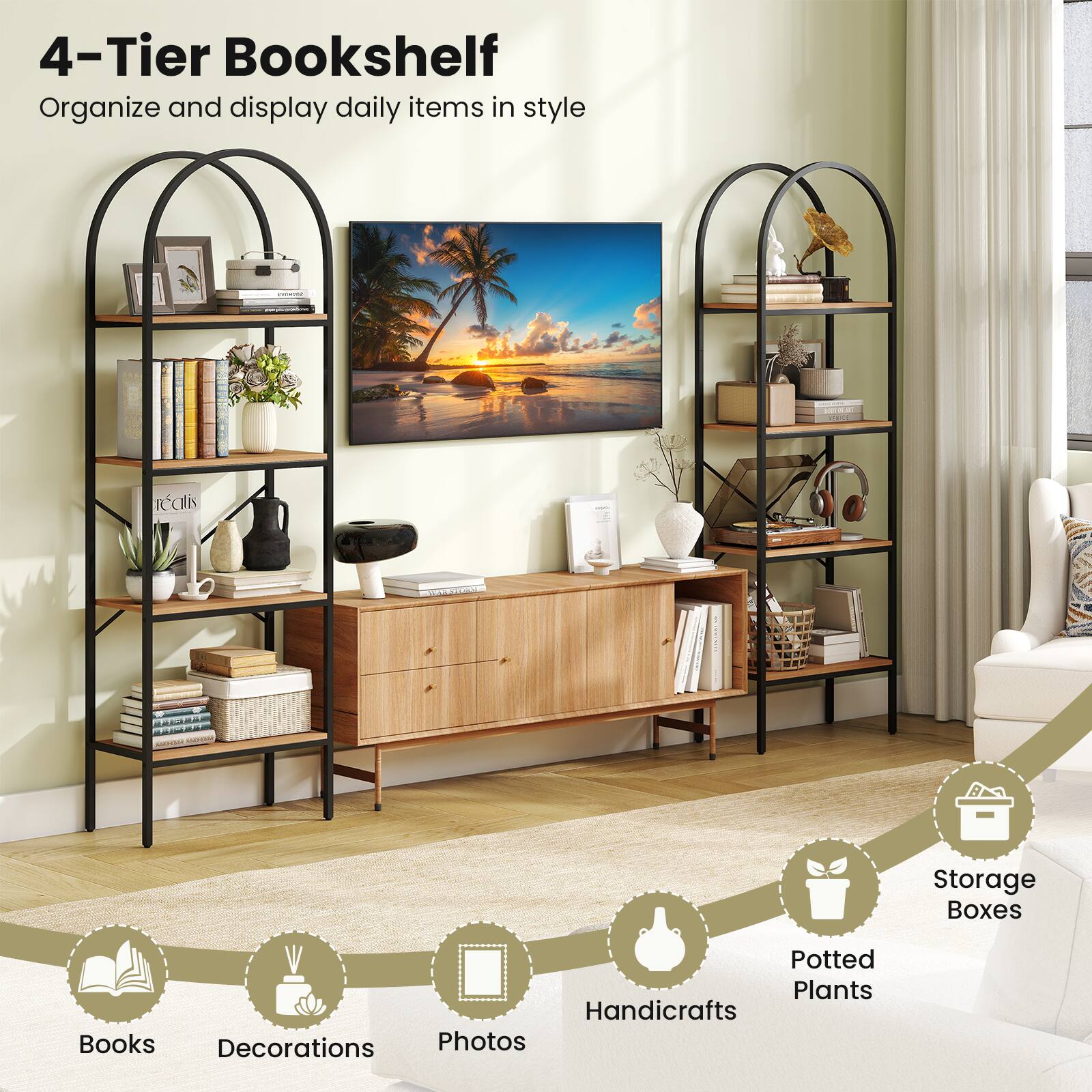 4-Tier Bookshelf  
Organize and display daily items in style

- Books
- Decorations
- Photos
- Handicrafts
- Potted Plants
- Storage Boxes