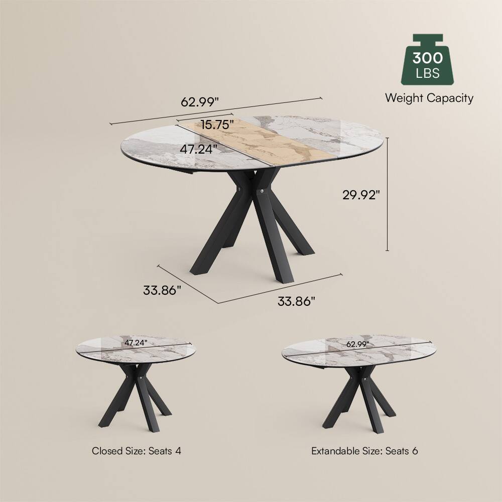 62.99" F 300 LBS Weight Capacity 15.75" 47.24" 29.92" 33.86" 33.86" 47.24" 62.99" Closed Size: Seats 4 Extandable Size: Seats 6