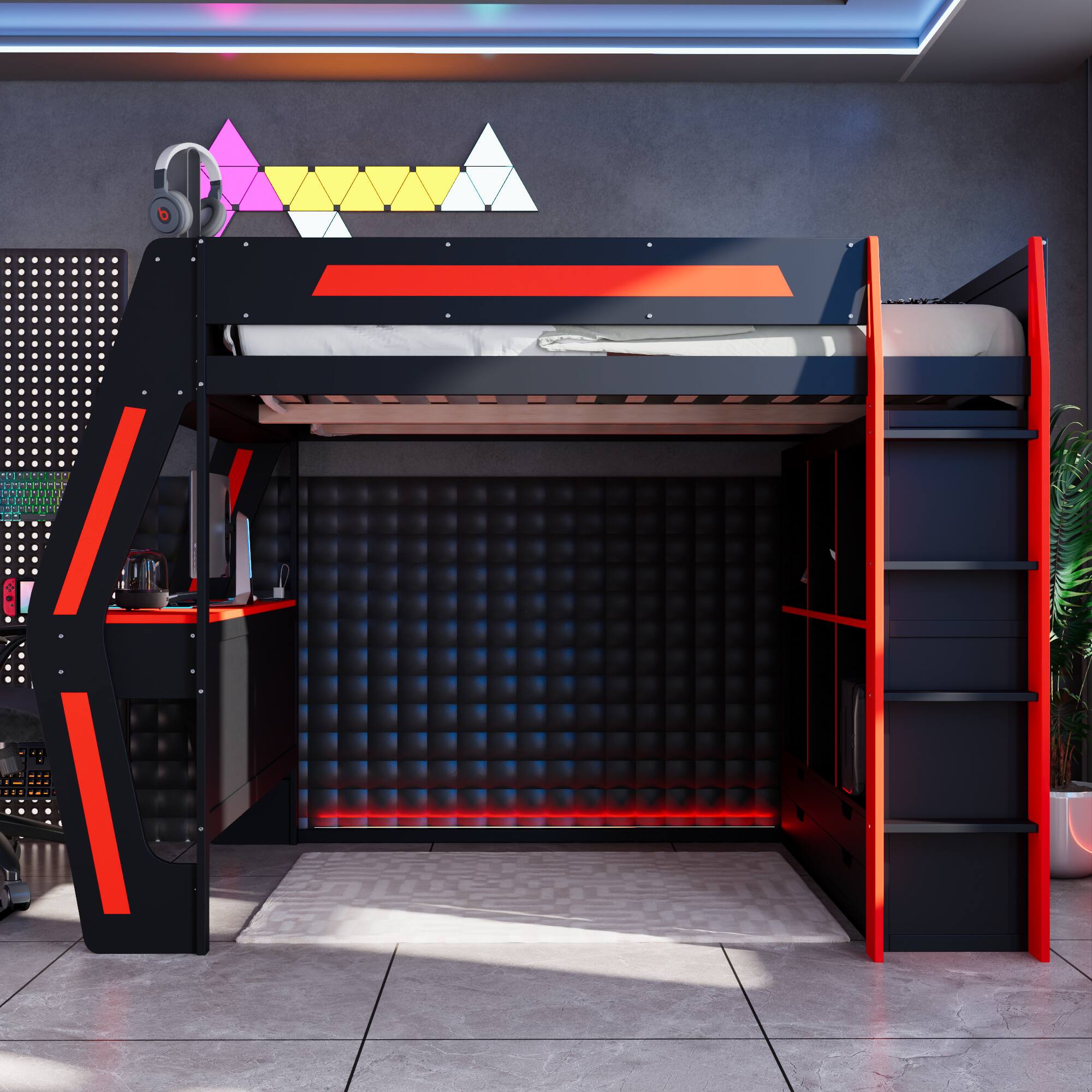 Left. Whisen - Full Size Gaming Loft Bed,Workstation Bed Frame with Built-in Desk,6 Storage Cubbies,USB Ports and RGB LED Lights - Black+Red.