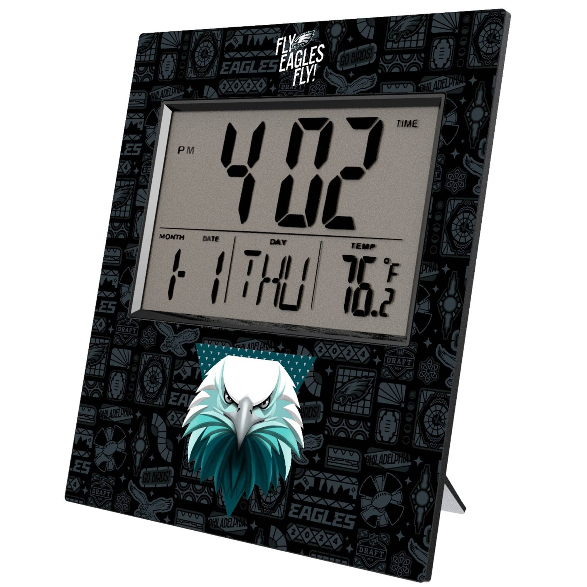 Sure, here is the corrected and grouped text from the image:

---

**Top Section:**
- FLY EAGLES FLY!
- GO BIRDS!
- PHILADELPHIA EAGLES

**Digital Display:**
- TIME: 4:02 PM
- MONTH: 1
- DATE: 11
- DAY: THU
- TEMP: 76.2°F

**Bottom Section:**
- FLY EAGLES FLY!
- GO BIRDS!
- PHILADELPHIA EAGLES
- DRAFT

---