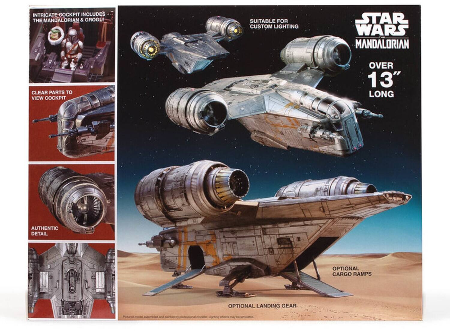 INTRICATE COCKPIT INCLUDES THE MANDALORIAN & GROGU  
SUITABLE FOR CUSTOM LIGHTING  
STAR WARS MANDALORIAN  
CLEAR PARTS TO VIEW COCKPIT  
OVER 13" LONG  
AUTHENTIC DETAIL  
OPTIONAL CARGO RAMPS  
OPTIONAL LANDING GEAR  
Included and by professional modeler  
Lighting effects may be simulated