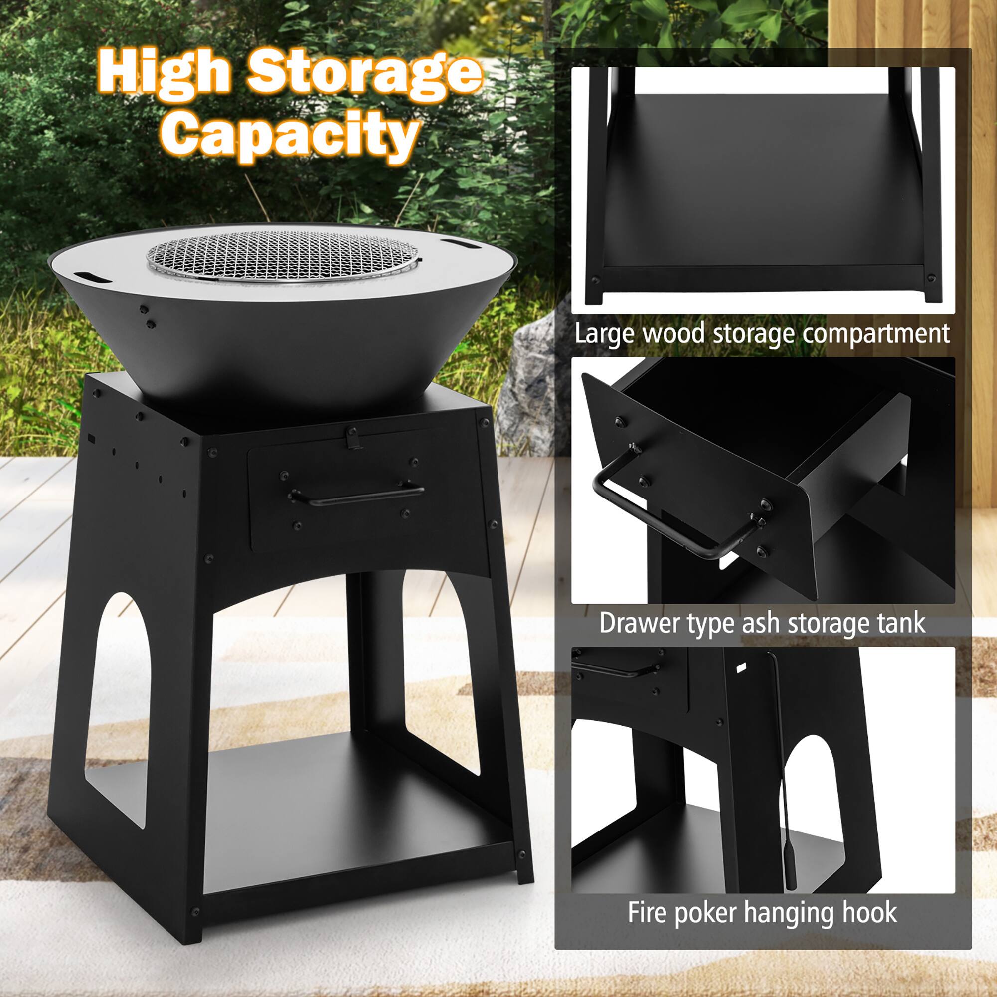 High Storage Capacity

- Large wood storage compartment
- Drawer type ash storage tank
- Fire poker hanging hook