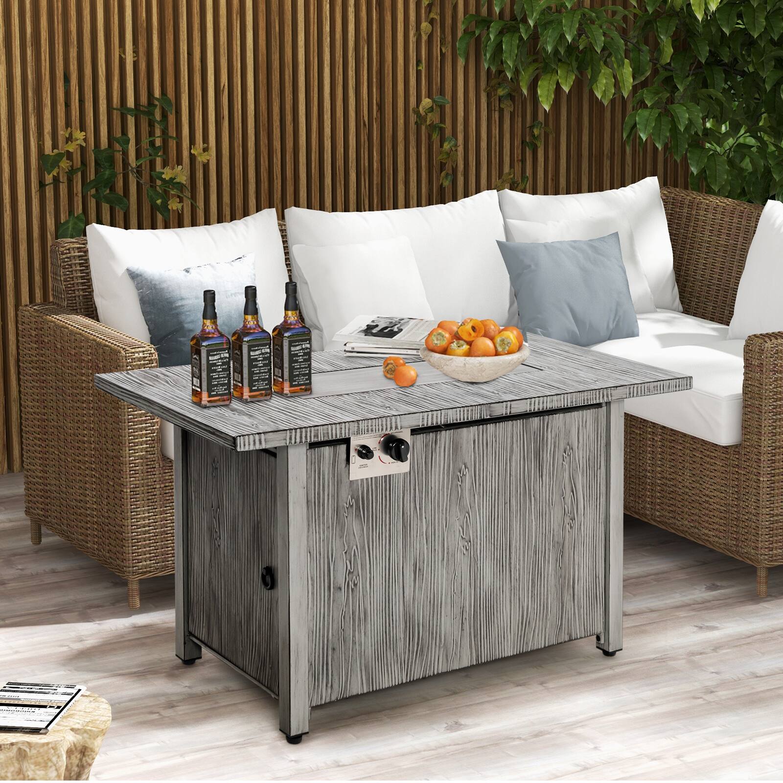 Angle. SKONYON - Outdoor Propane Fire Table with 50000 BTU Output Large Tabletop and Sturdy Metal Construction.