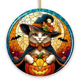 OrnamentallyYou - Enchanted Cat Witch Stained Glass Style Ceramic Ornament Christmas Gift and Decor Version 1 - Multi-colored
