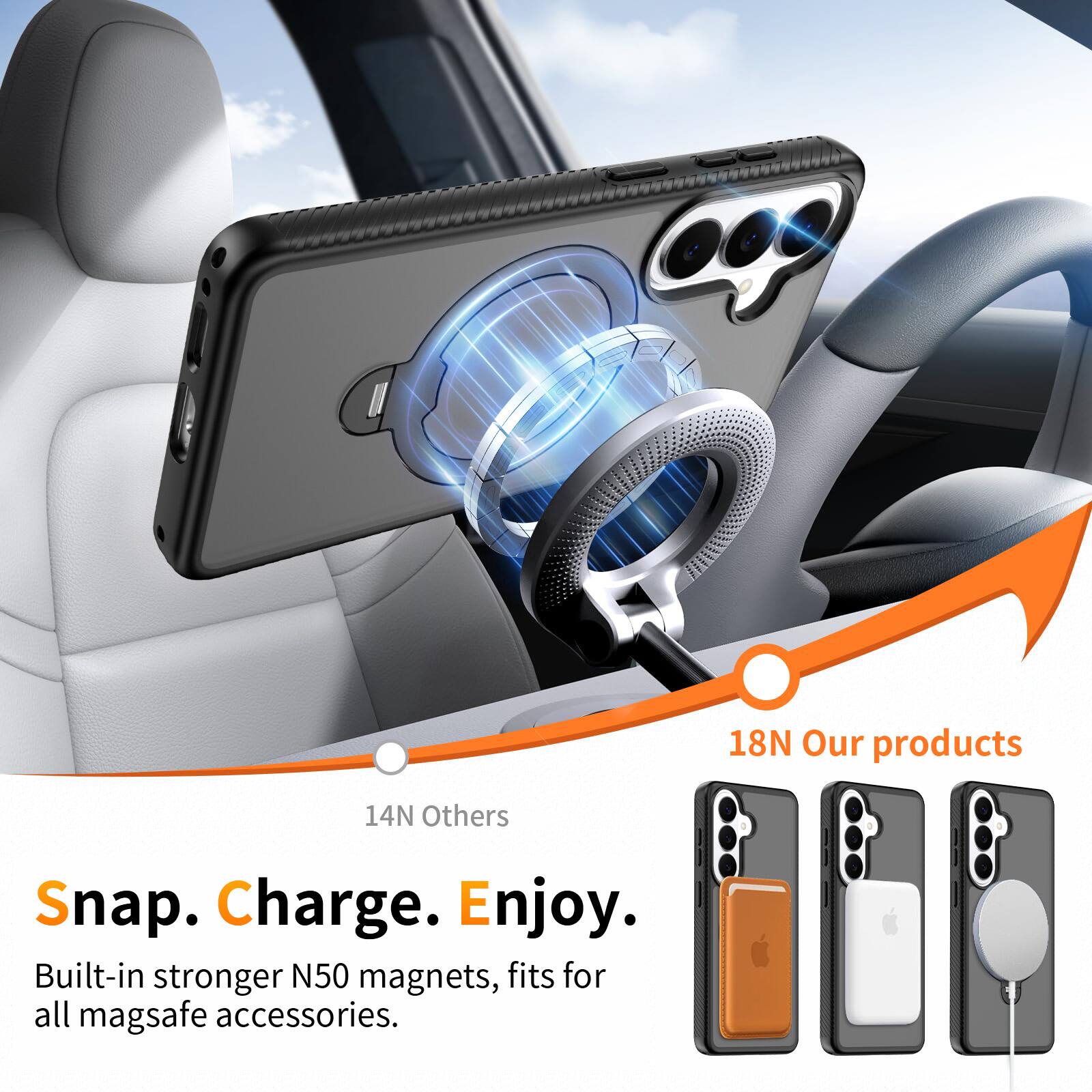 18N Our products  
14N Others  
Snap. Charge. Enjoy.  
Built-in stronger N50 magnets, fits for all mag safe accessories.