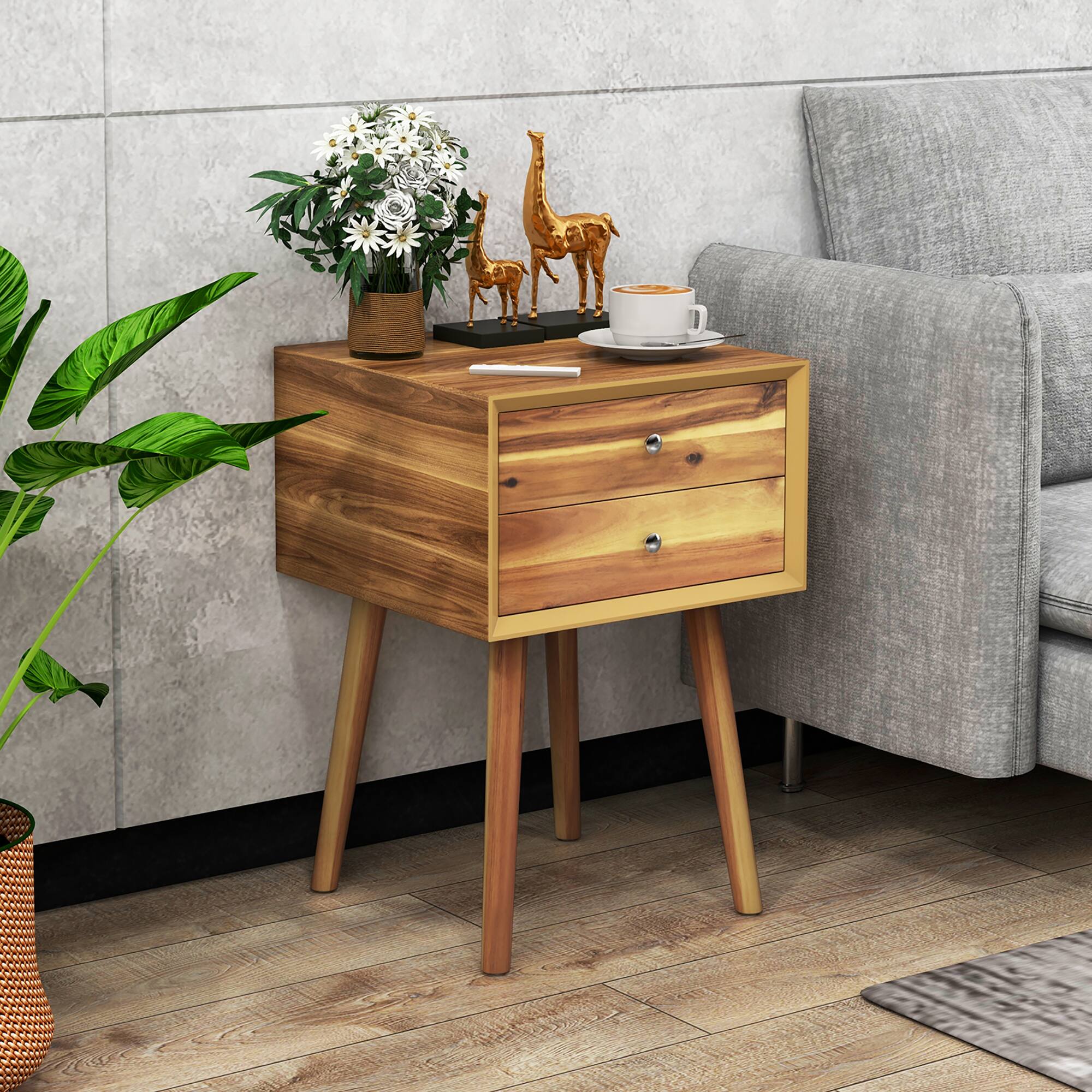 Alt View 3. Gymax - Gymax 2PCS Wooden Nightstand Mid-Century End Side Table W/2 Storage Drawers Natural - Brown.