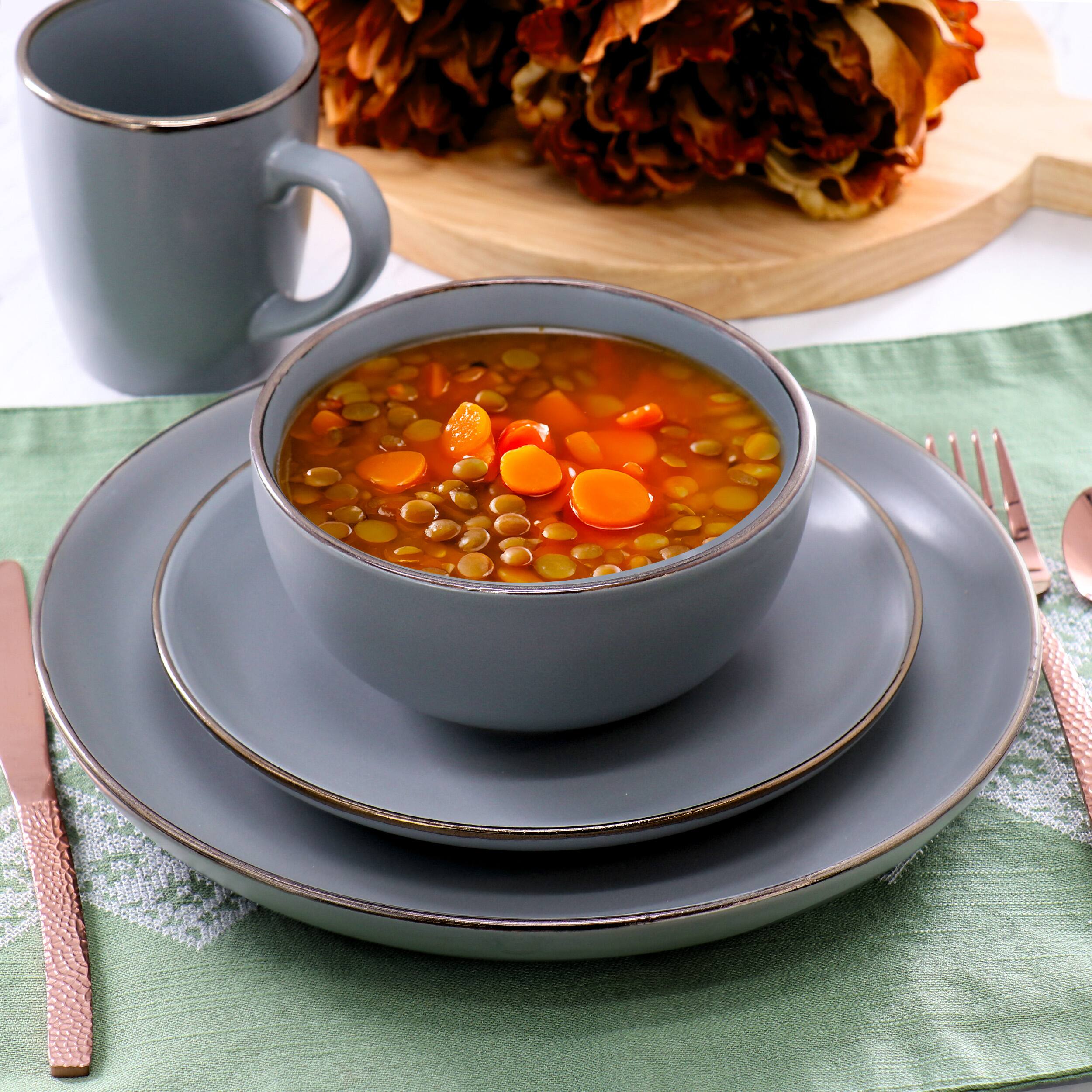 Alt View 7. Gibson - Gibson Home Rockaway 16 Piece Stoneware Gold Rimmed Dinnerware Set in Grey - Gray.