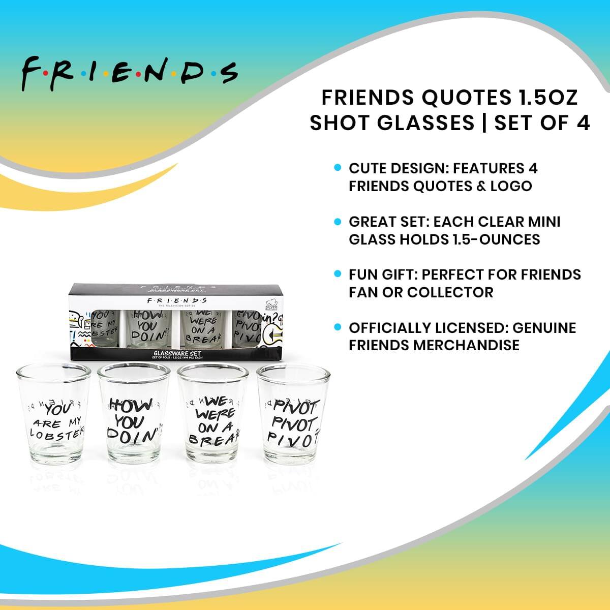 F.R.I.E.N.D.S

FRIENDS QUOTES 1.5OZ SHOT GLASSES | SET OF 4

- CUTE DESIGN: FEATURES 4 FRIENDS QUOTES & LOGO
- GREAT SET: EACH CLEAR MINI GLASS HOLDS 1.5-OUNCES
- FUN GIFT: PERFECT FOR FRIENDS FAN OR COLLECTOR
- OFFICIALLY LICENSED: GENUINE FRIENDS MERCHANDISE

YOU'RE MY LOBSTER  
HOW YOU DOIN'  
WE'RE ON A BREAK  
PIVOT PIVOT PIVOT