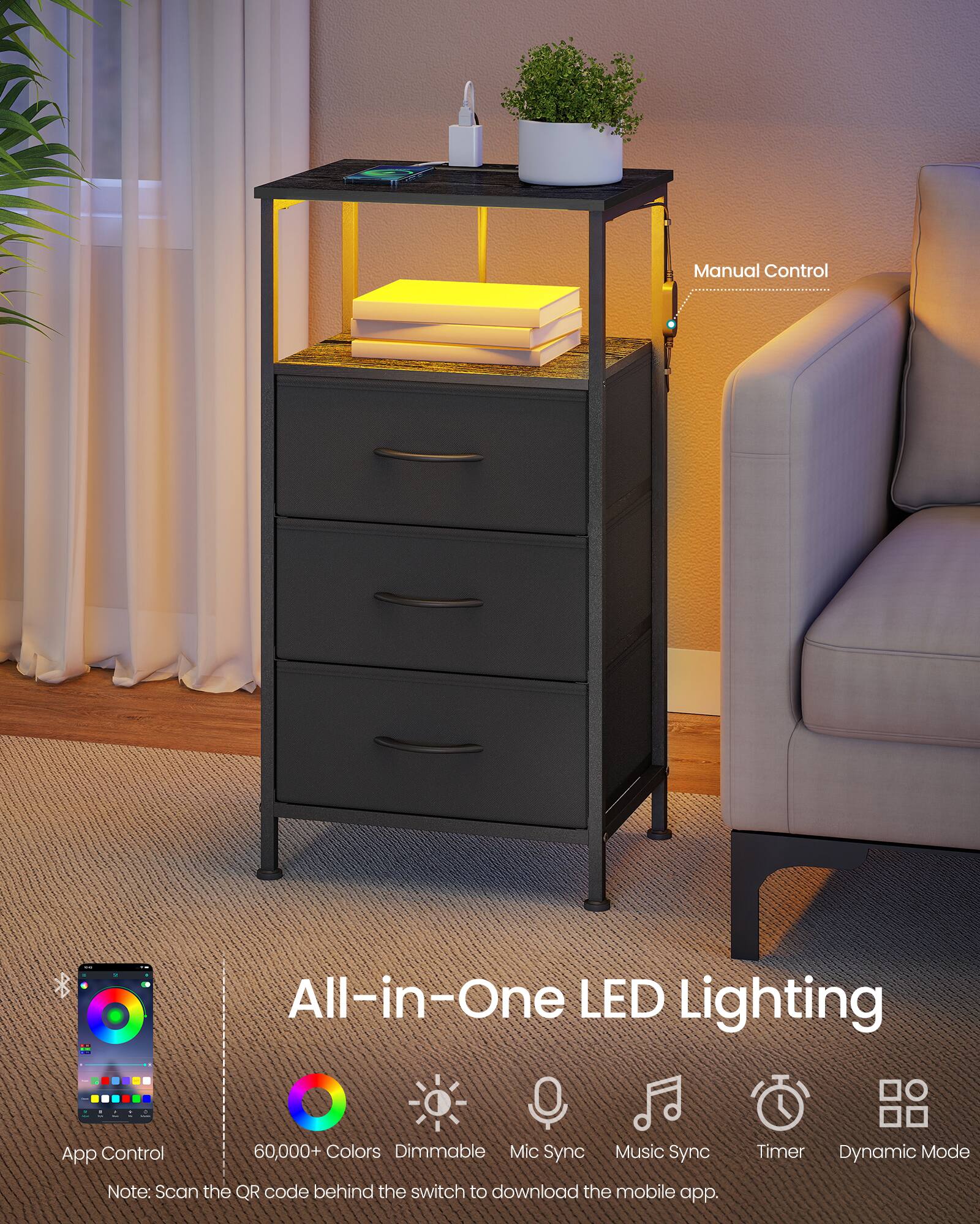 Manual Control  
All-in-One LED Lighting  
App Control  
60,000+ Colors  
Dimmable  
Mic Sync  
Music Sync  
Timer  
Dynamic Mode  

Note: Scan the QR code behind the switch to download the mobile app.