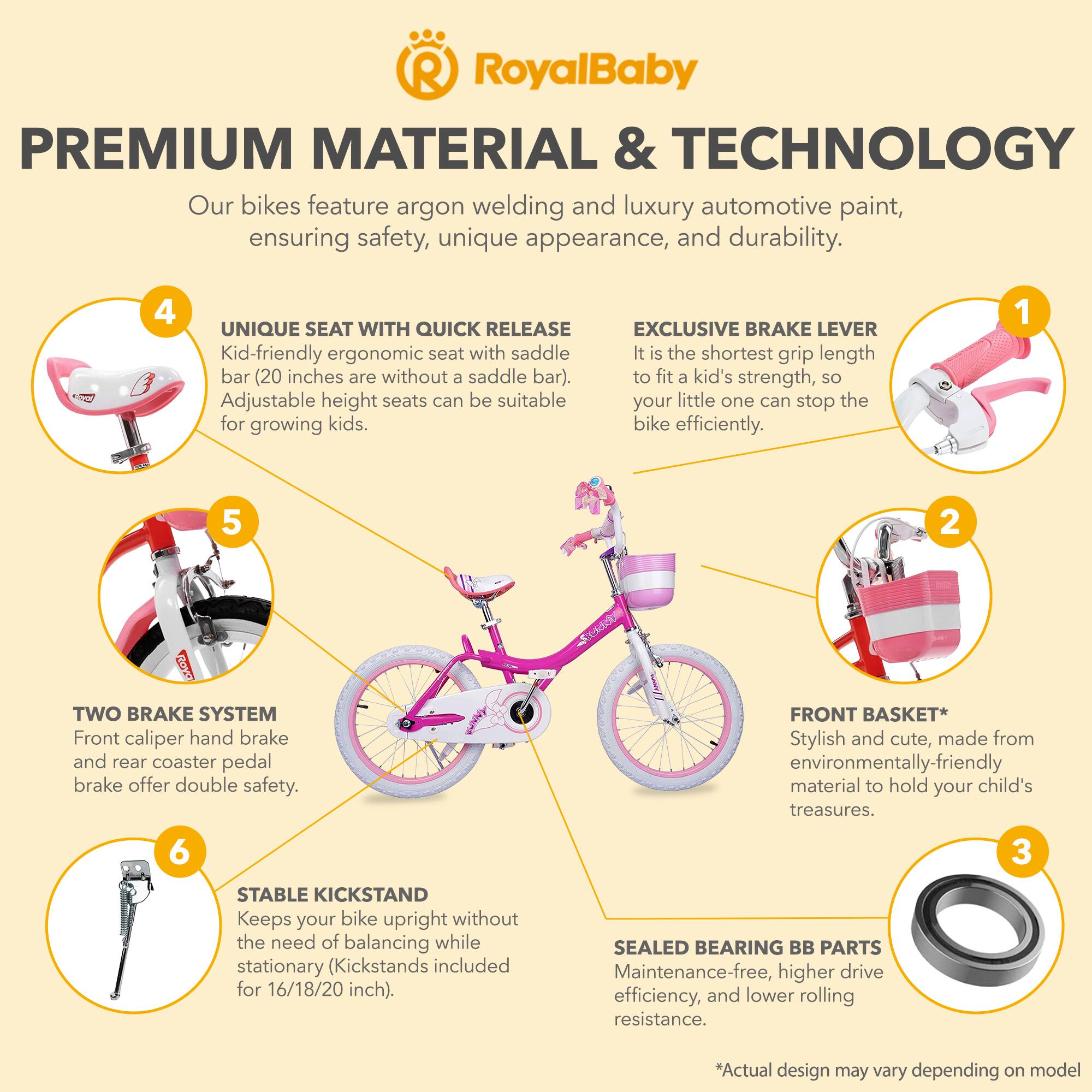 RoyalBaby PREMIUM MATERIAL & TECHNOLOGY  
Our bikes feature argon welding and luxury automotive paint, ensuring safety, unique appearance, and durability.  

4 UNIQUE SEAT WITH QUICK RELEASE  
Kid-friendly ergonomic seat with saddle bar (20 inches are without a saddle bar). Adjustable height seats can be suitable for growing kids.  

EXCLUSIVE BRAKE LEVER  
It is the shortest grip length to fit a kid's strength, so your little one can stop the bike efficiently.  

1 TWO BRAKE SYSTEM  
Front caliper hand brake and rear coaster pedal brake offer double safety.  

FRONT BASKET*  
Stylish and cute, made from environmentally-friendly material to hold your child's treasures.  

6 STABLE KICKSTAND  
Keeps your bike upright without the need of balancing while stationary (Kickstands included for 16/18/20 inch).  

SEALED BEARING BB PARTS  
Maintenance-free, higher drive efficiency, and lower rolling resistance.  

*Actual design may vary depending on model