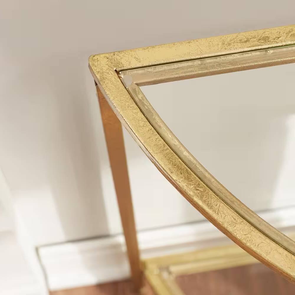 Left. SlickBlue - Half-Circle Entryway Console Table with Metal Frame, Glass Top, and Bottom Shelf - Gold.