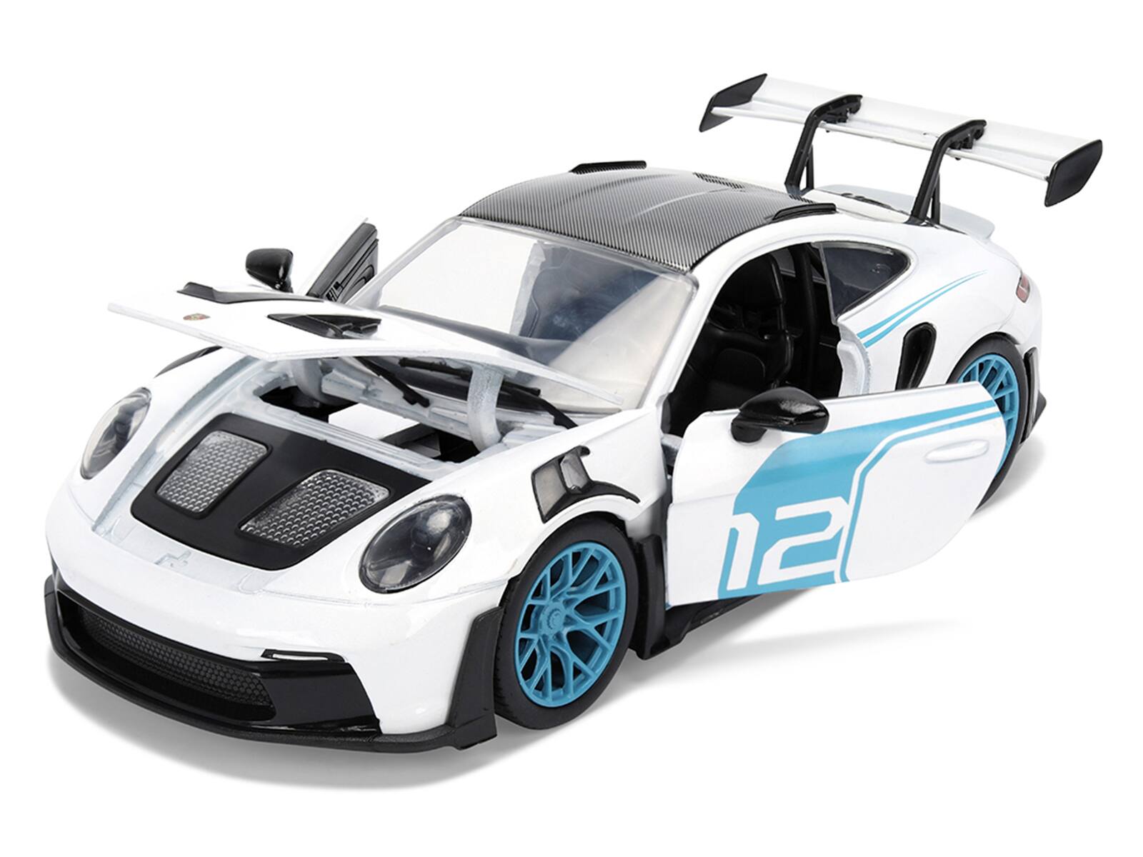 Alt View 1. Jada - Porsche 911 GT3 RS (992) #12 White with Blue Stripes and Carbon Top "Hyper-Spec" Series 1/24 Diecast Model Car by Jada - Multicolor.