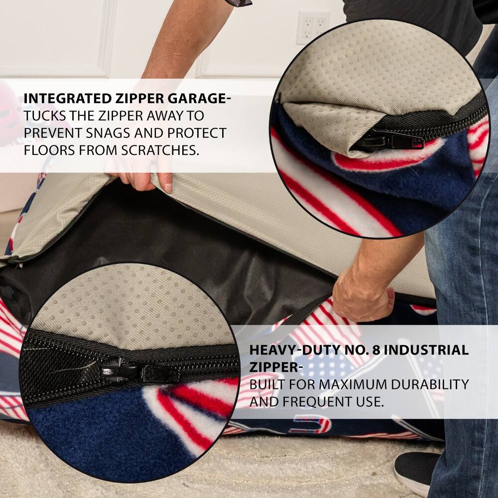 INTEGRATED ZIPPER GARAGE- TUCKS THE ZIPPER AWAY TO PREVENT SNAGS AND PROTECT FLOORS FROM SCRATCHES.

HEAVY-DUTY NO. 8 INDUSTRIAL ZIPPER- BUILT FOR MAXIMUM DURABILITY AND FREQUENT USE.